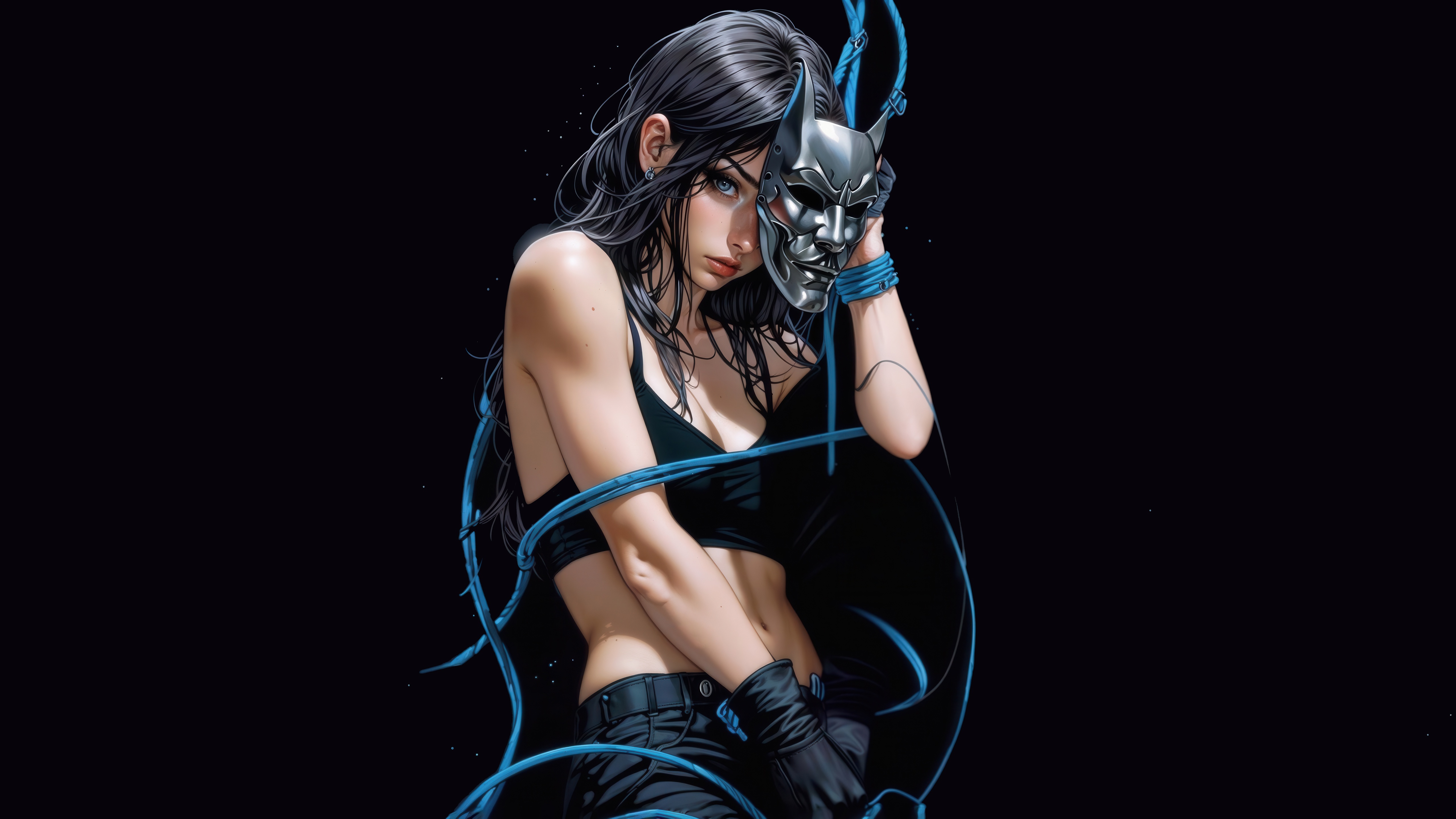 Woman in black holding a silver mask HD Wallpaper