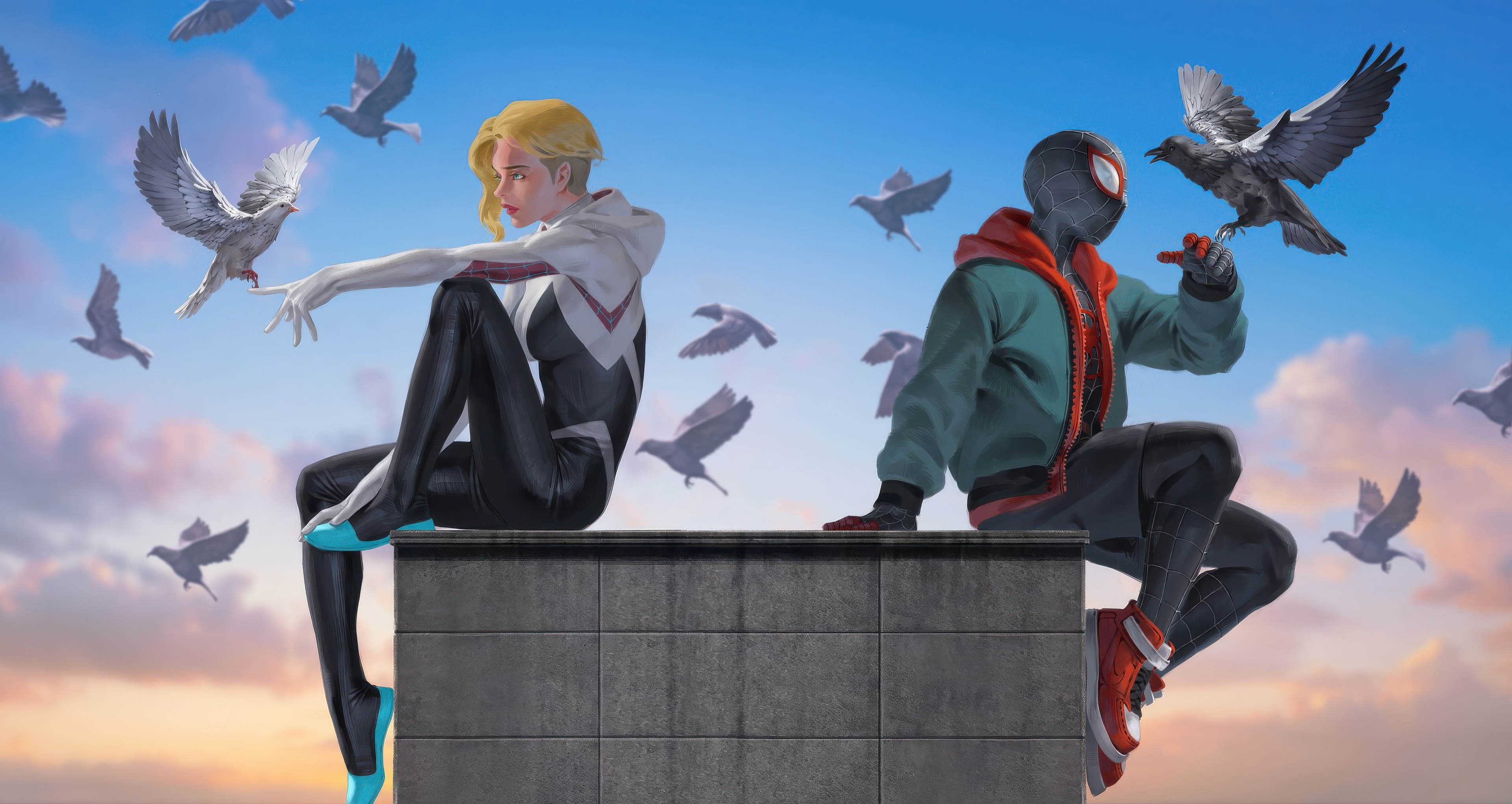 Miles Morales and Gwen Stacy with Birds HD Wallpaper