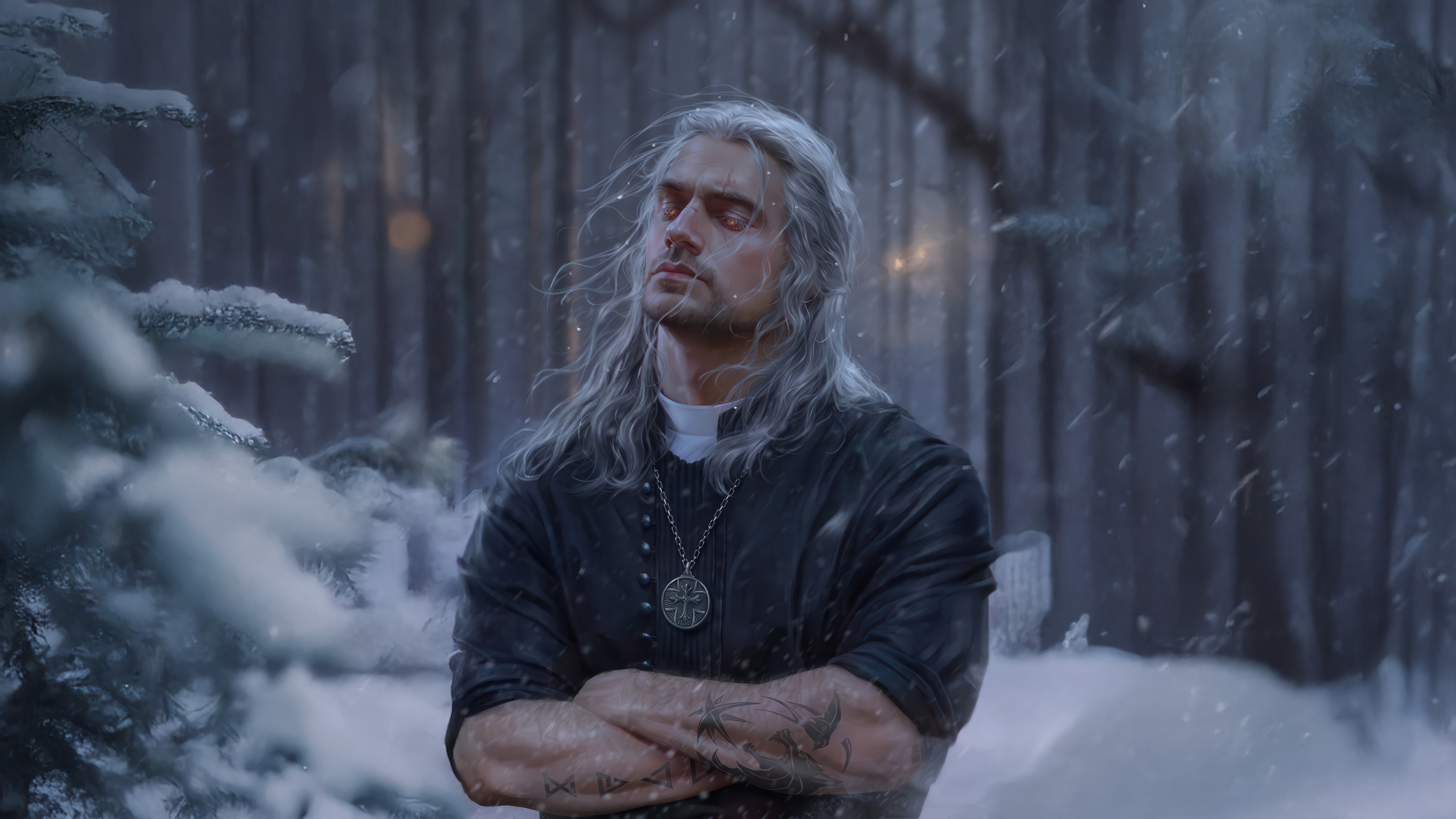 Geralt of Rivia in a Snowy Forest HD Wallpaper