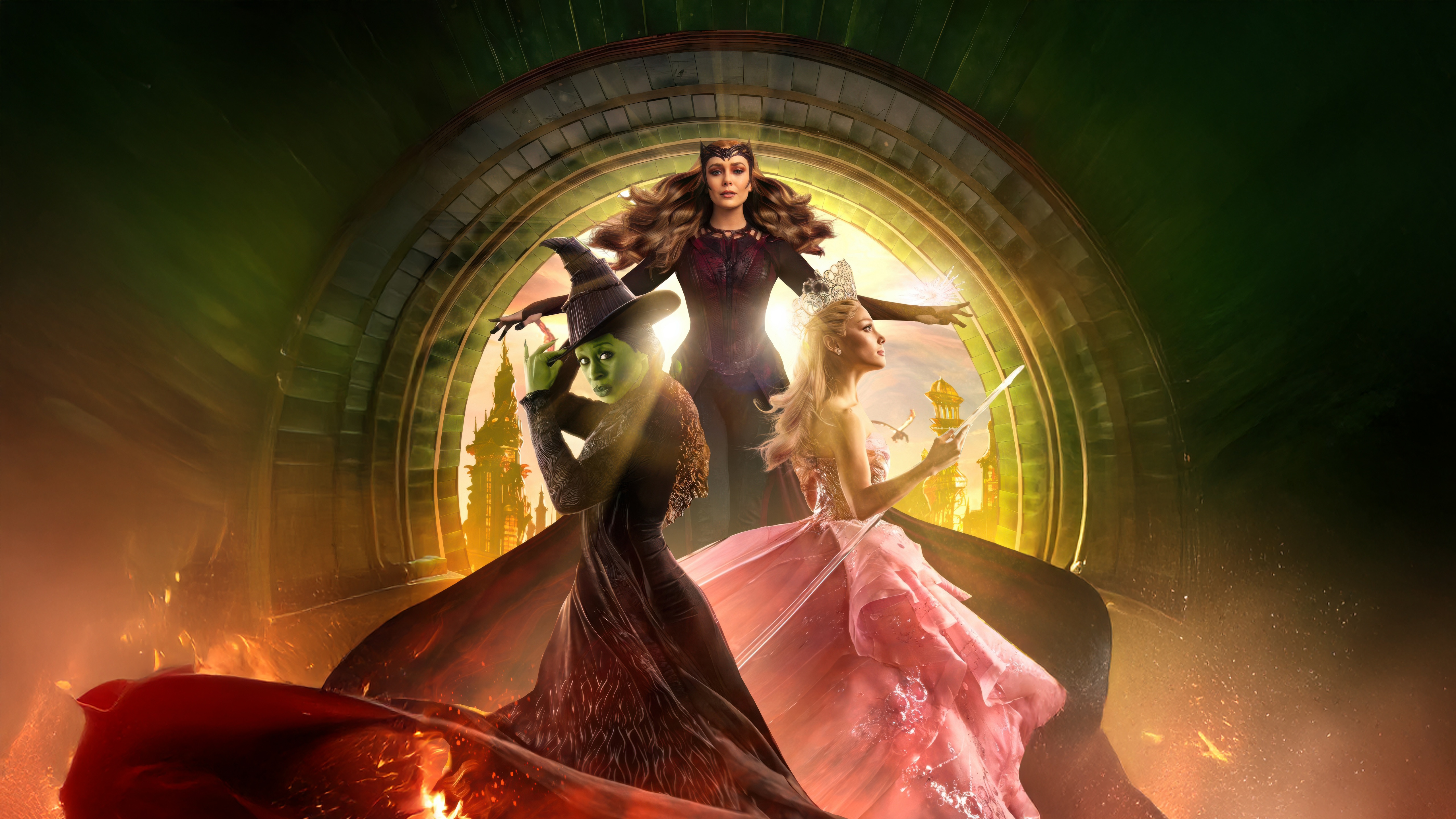 Glinda, Elphaba, and The Wizard of Oz HD Wallpaper