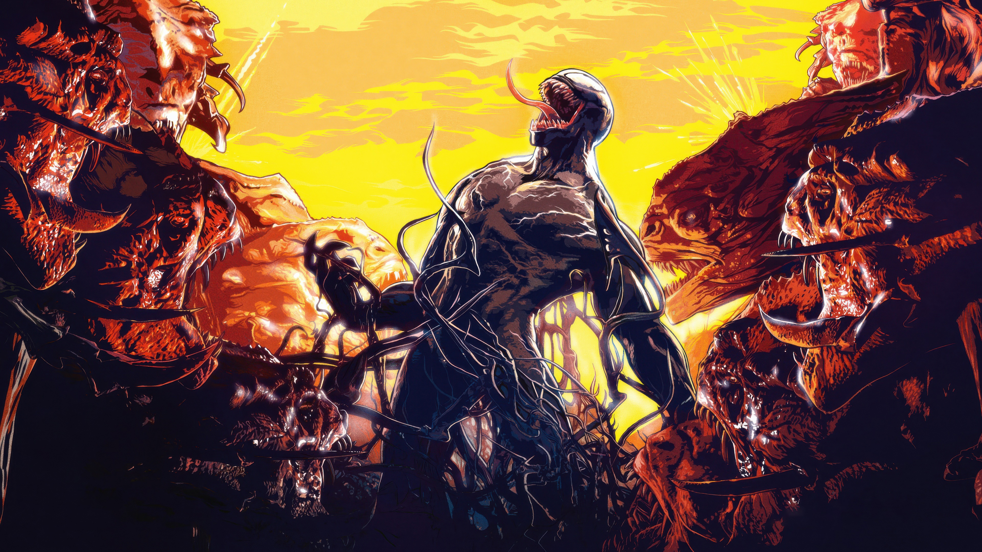 Venom surrounded by monstrous creatures in a desolate landscape HD Wallpaper