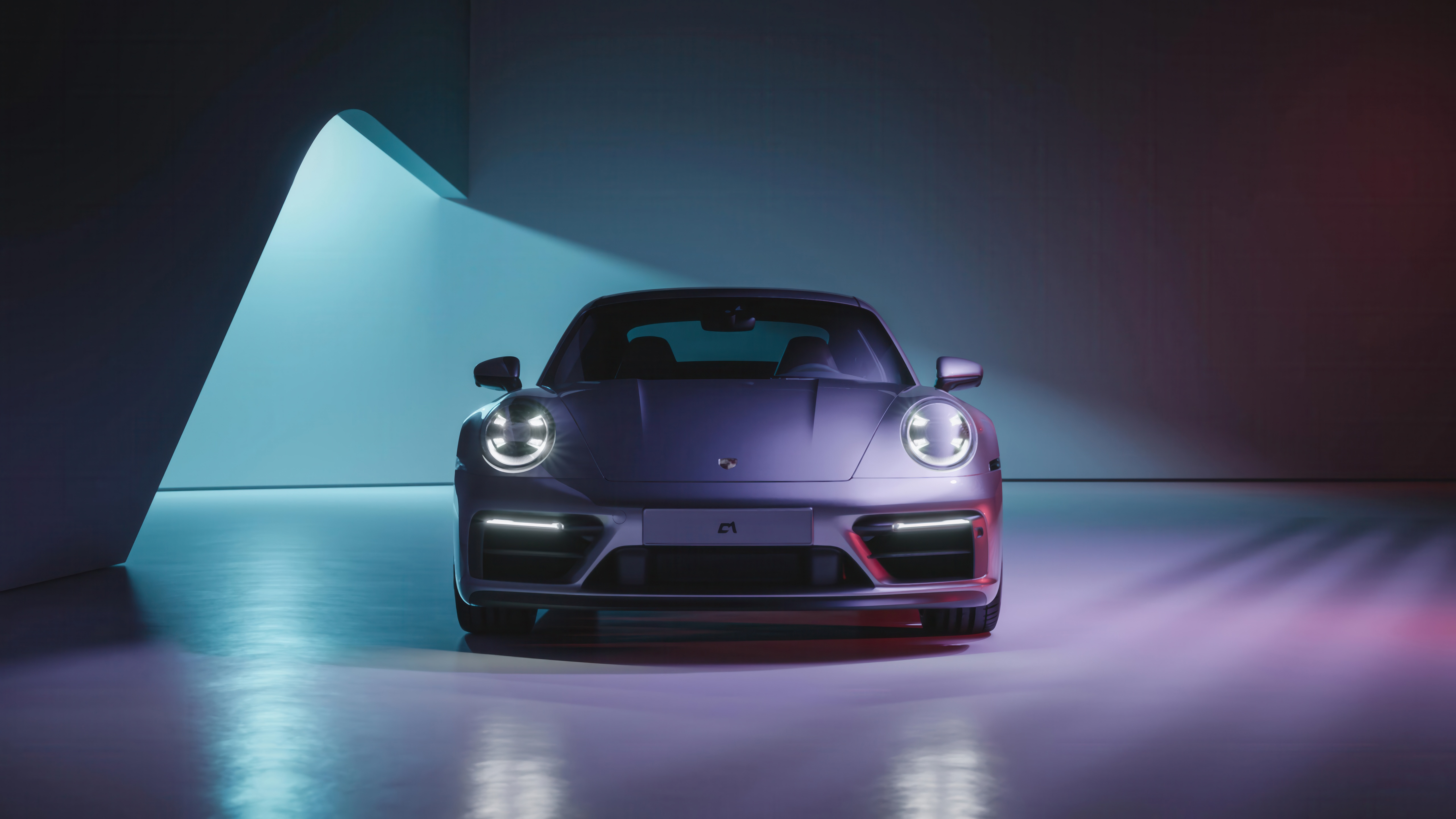 Porsche 911 in a studio with colored lights HD Wallpaper
