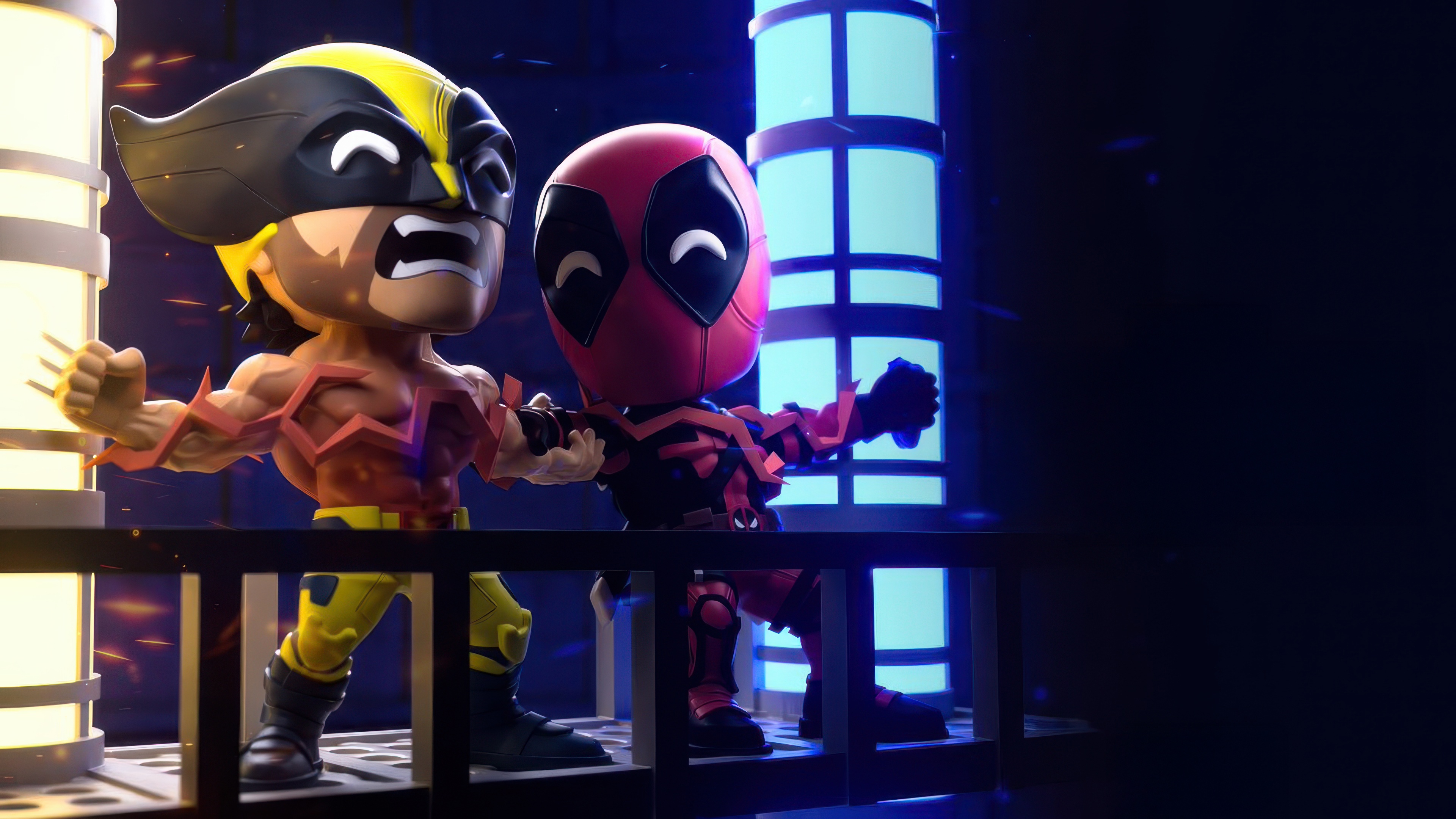 Deadpool and Wolverine figures on a platform HD Wallpaper