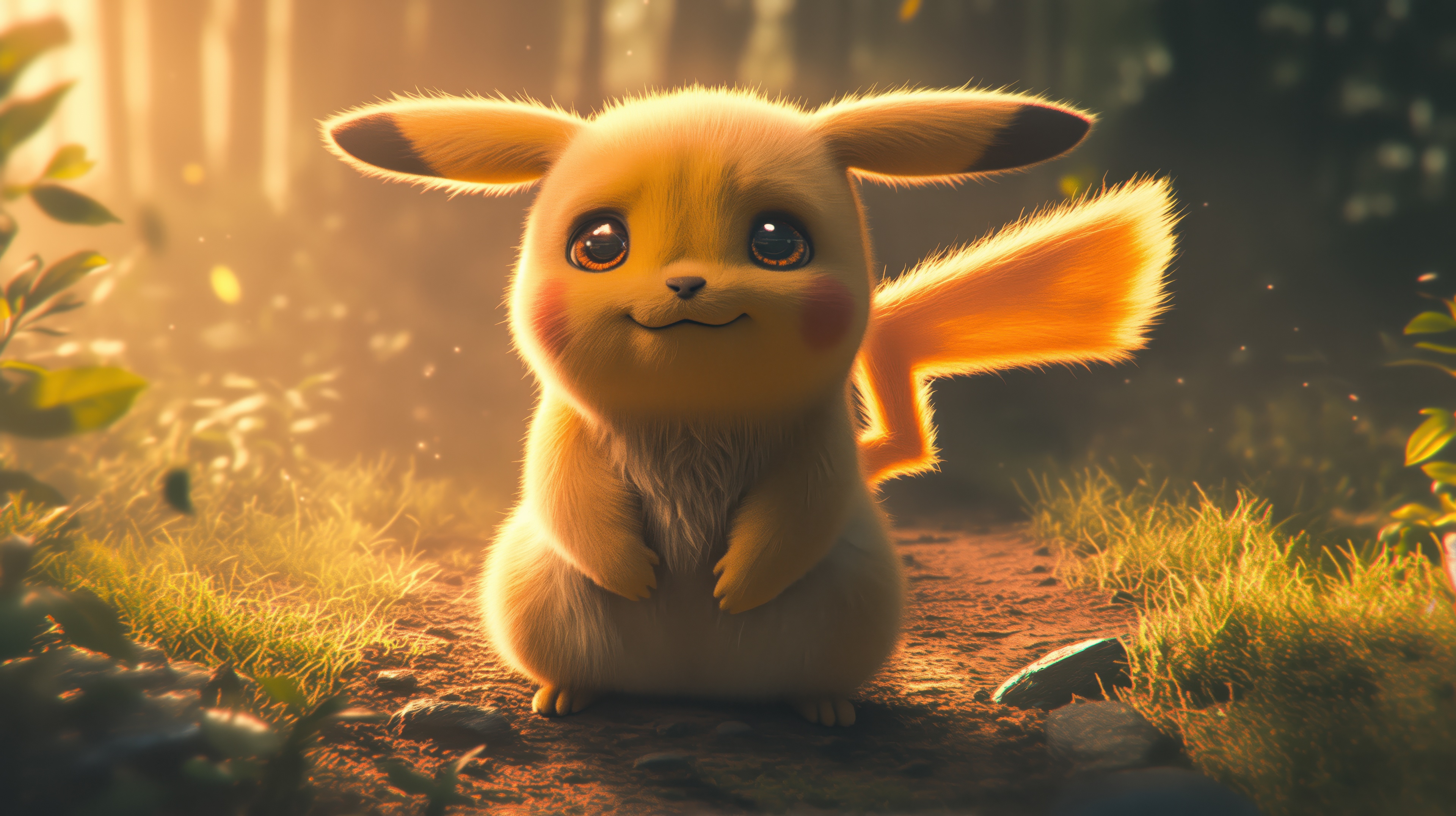 Pikachu in a sunlit forest path HD Wallpaper