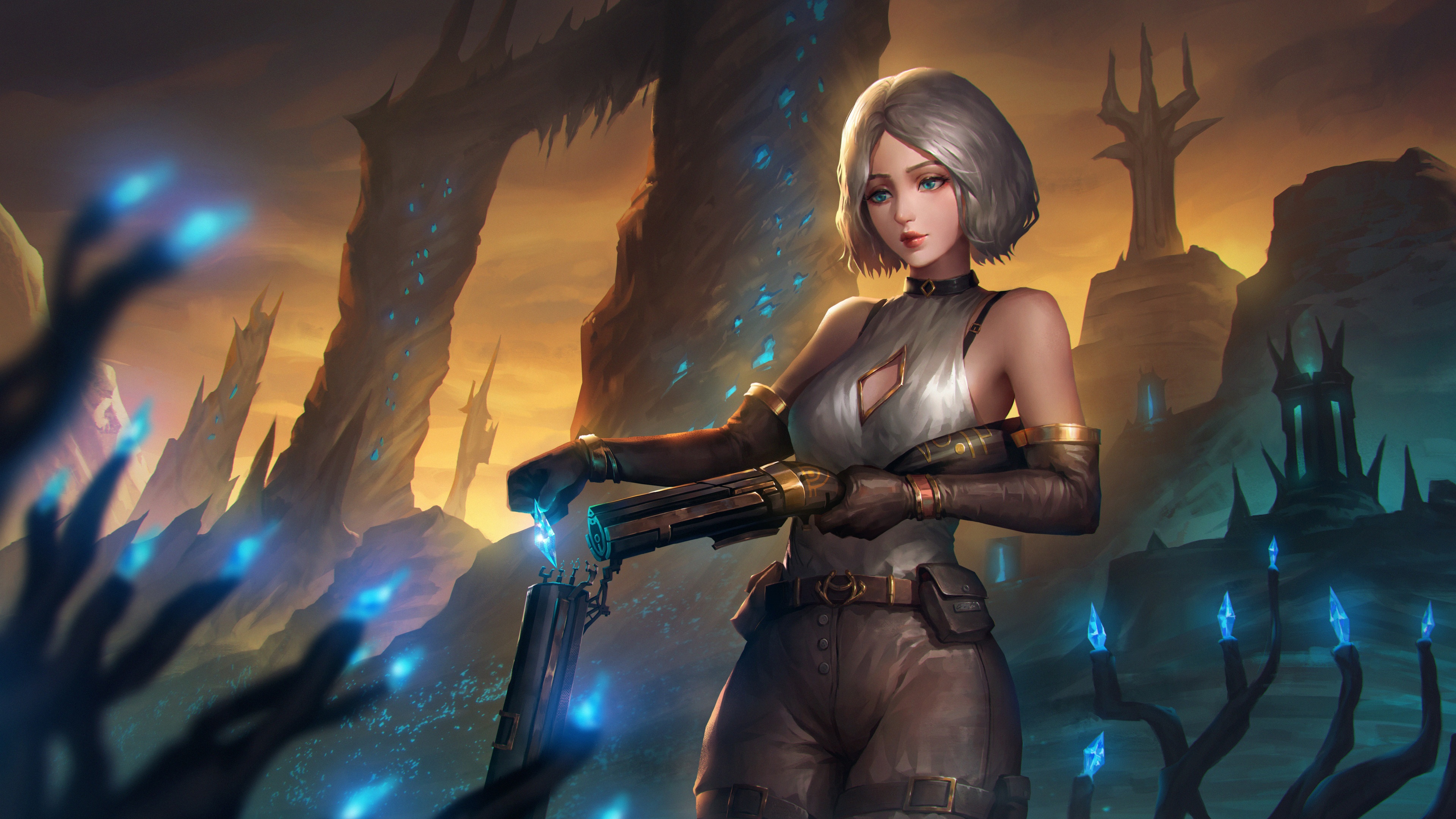 Crystal Vanguard Woman with Gun in Fantasy Landscape HD Wallpaper
