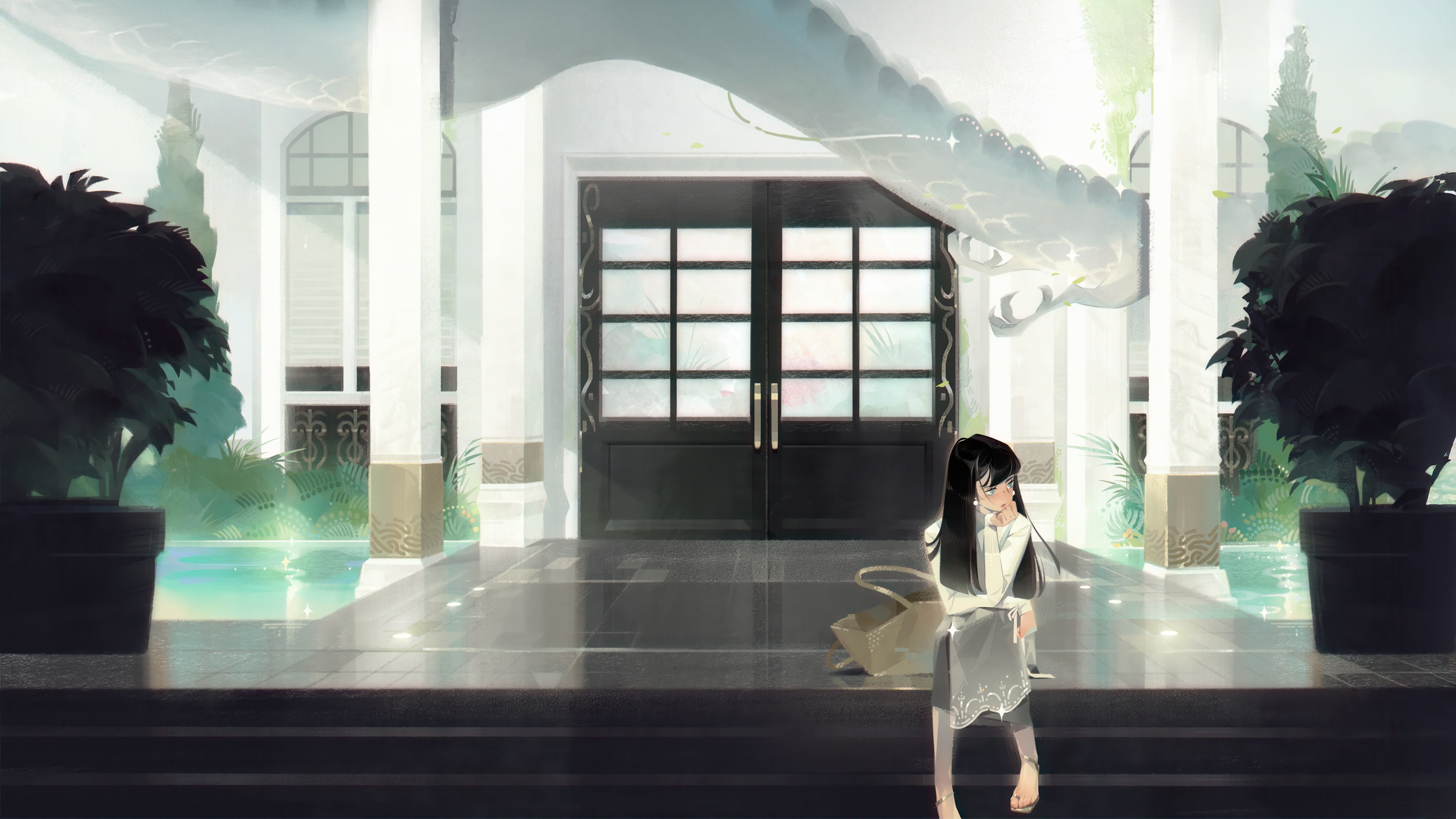 Anime girl sitting by a pool with a dragon HD Wallpaper