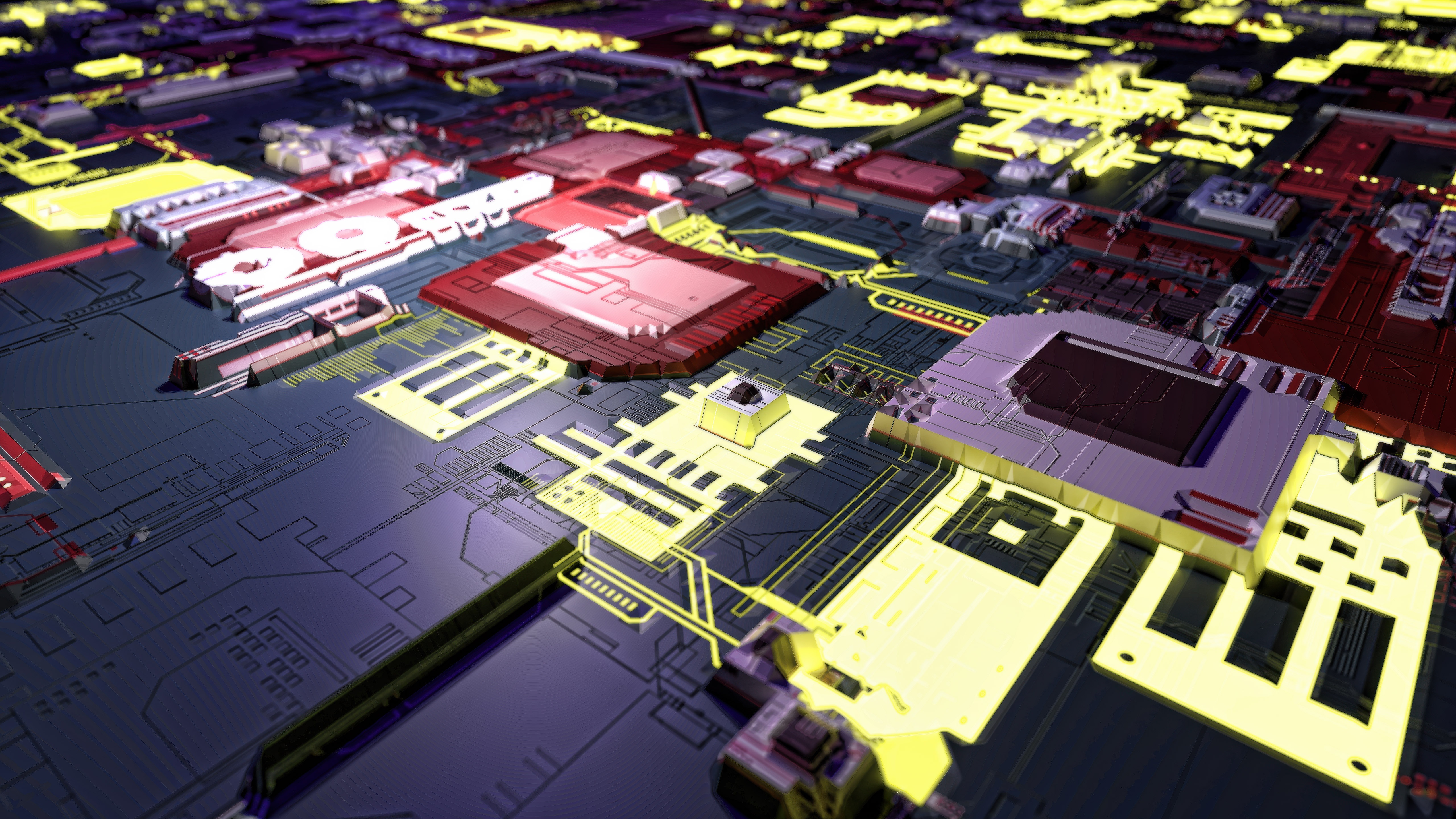 Abstract circuit board with glowing yellow and red components HD Wallpaper