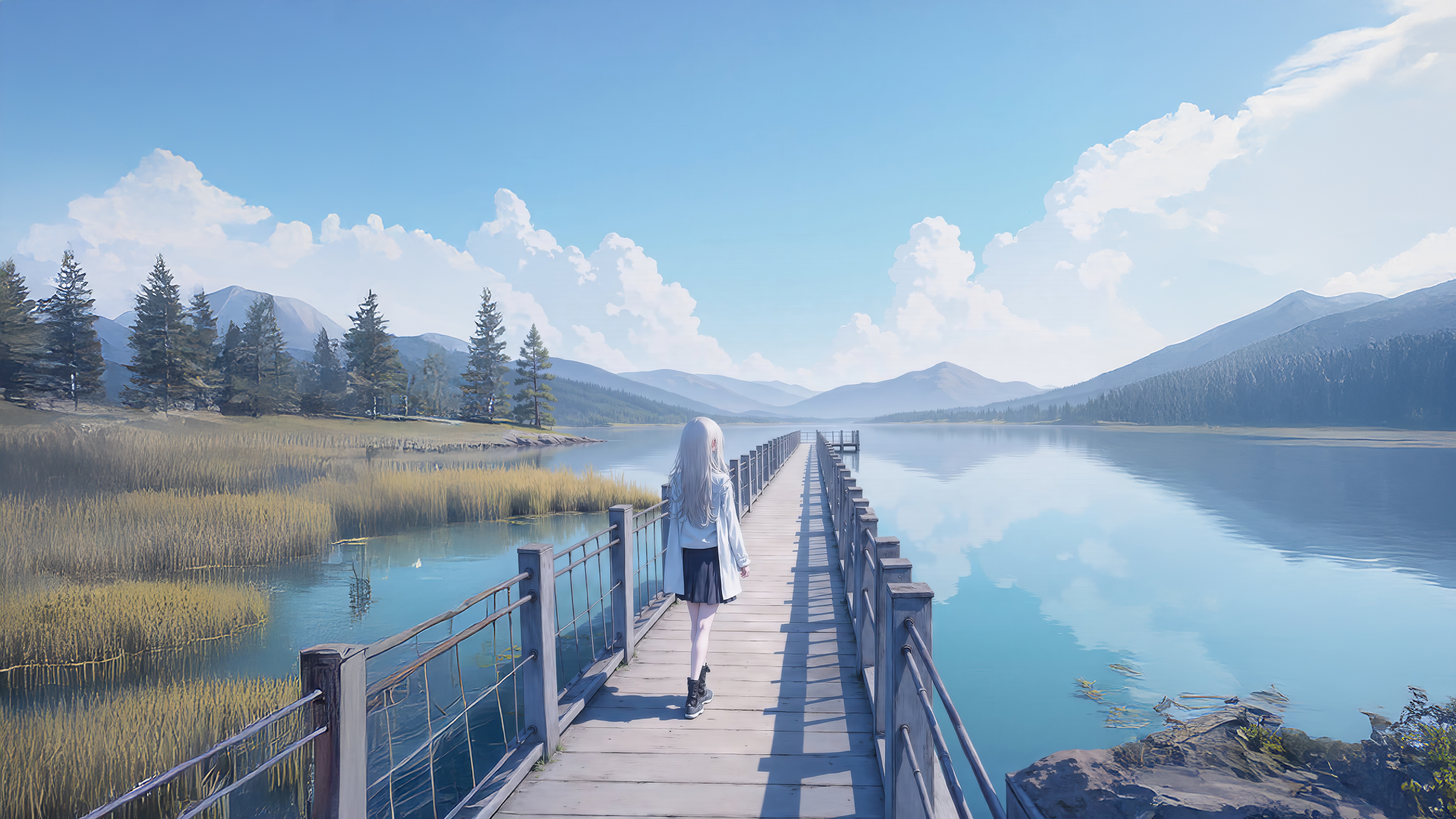 Anime Girl Walking on a Pier by the Lake HD Wallpaper