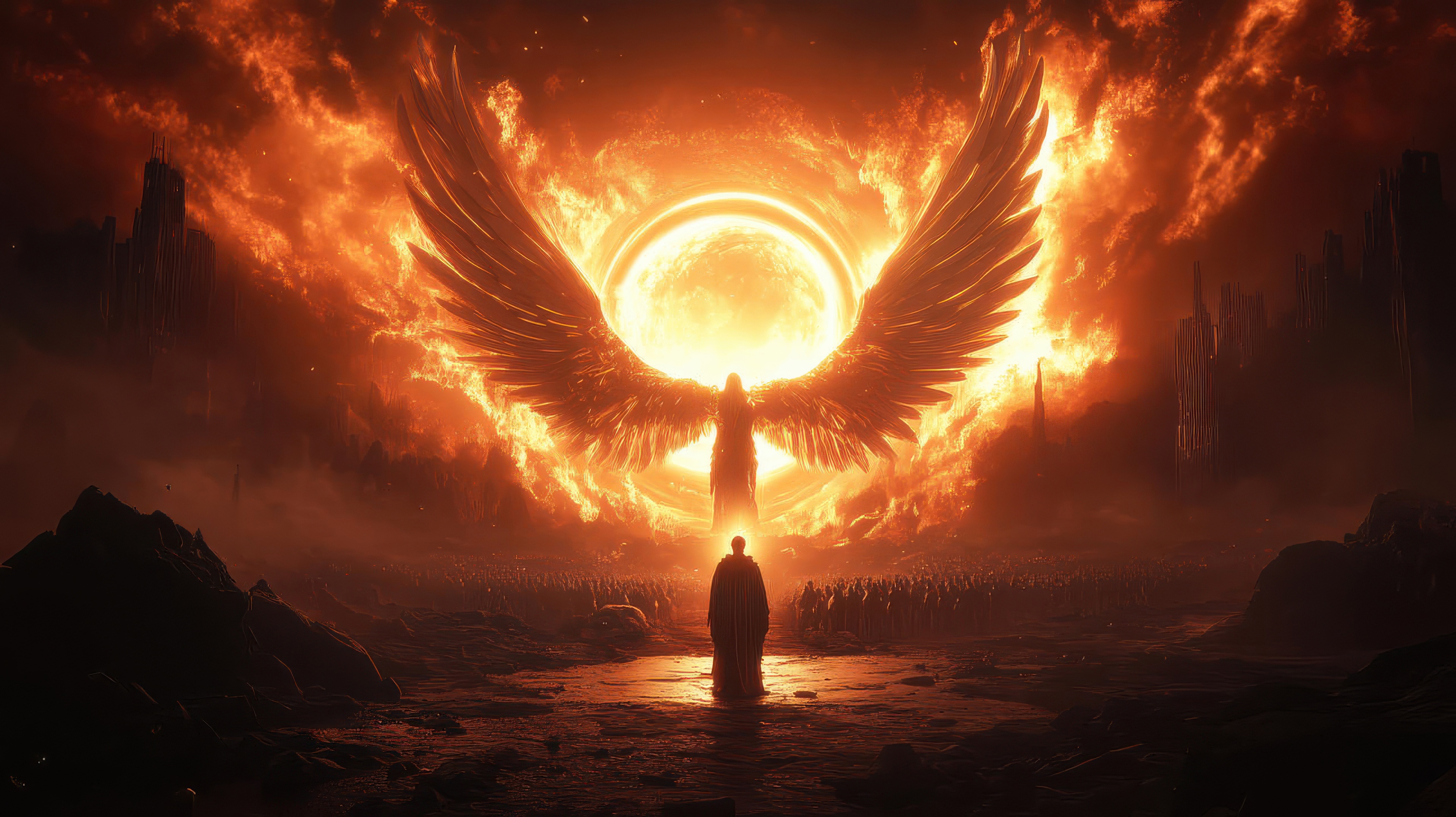 The Rise of the Archangel in a Fiery Sky HD Wallpaper
