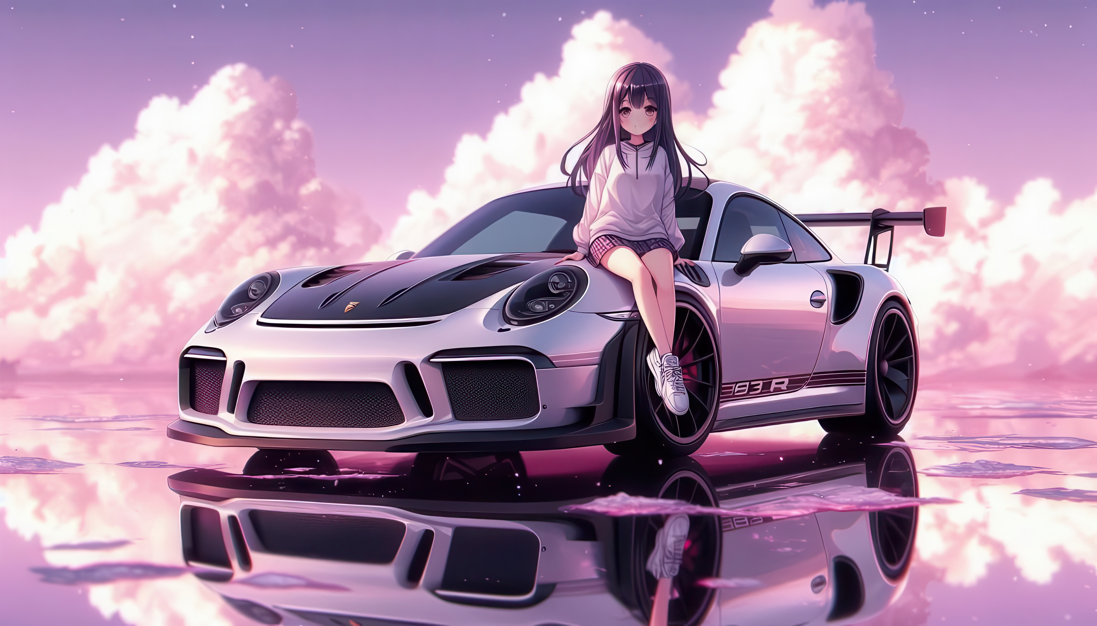 Anime girl sitting on a Porsche 911 GT3 RS HD Wallpaper