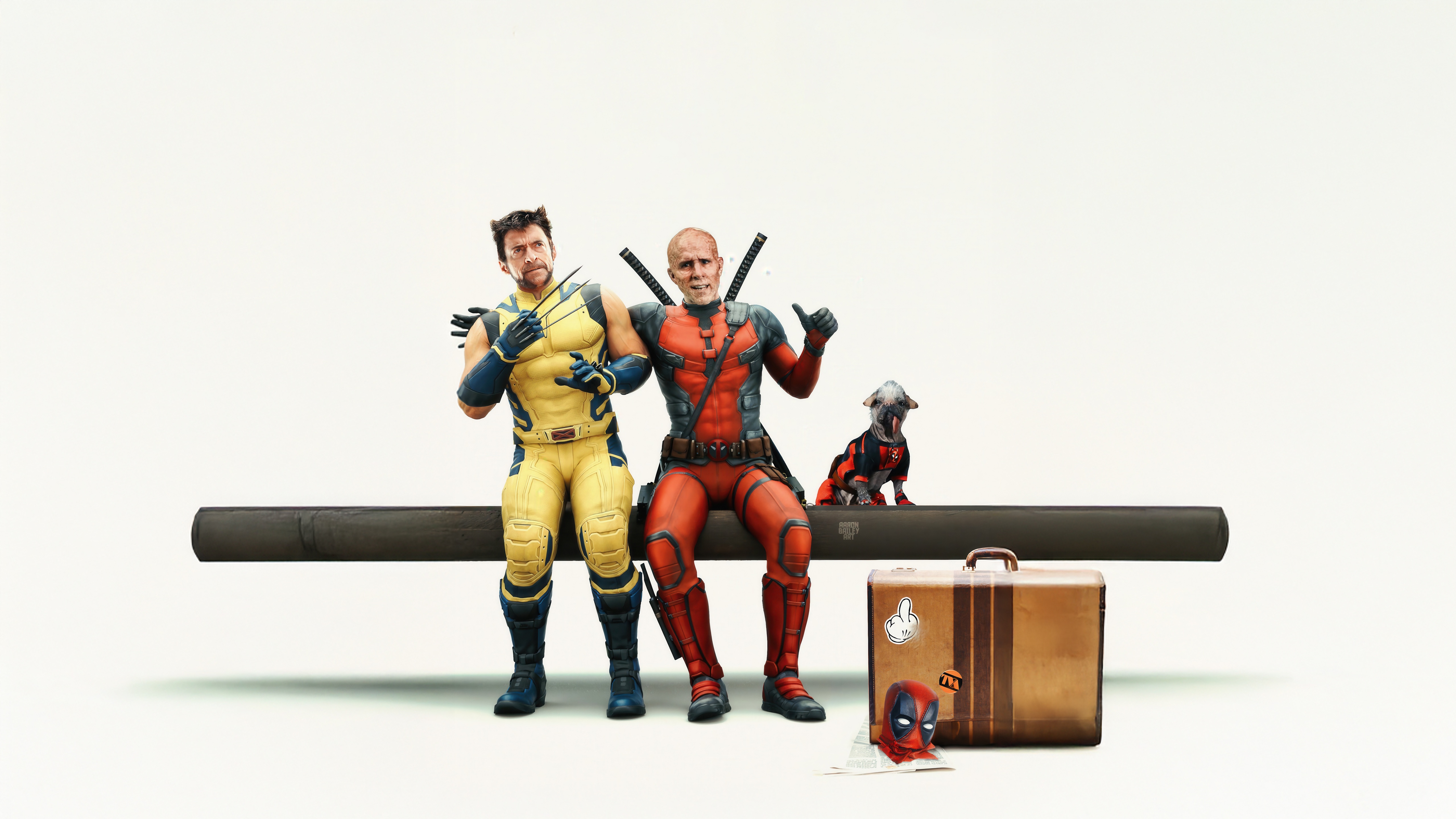 Deadpool and Wolverine sitting with a dog and luggage HD Wallpaper