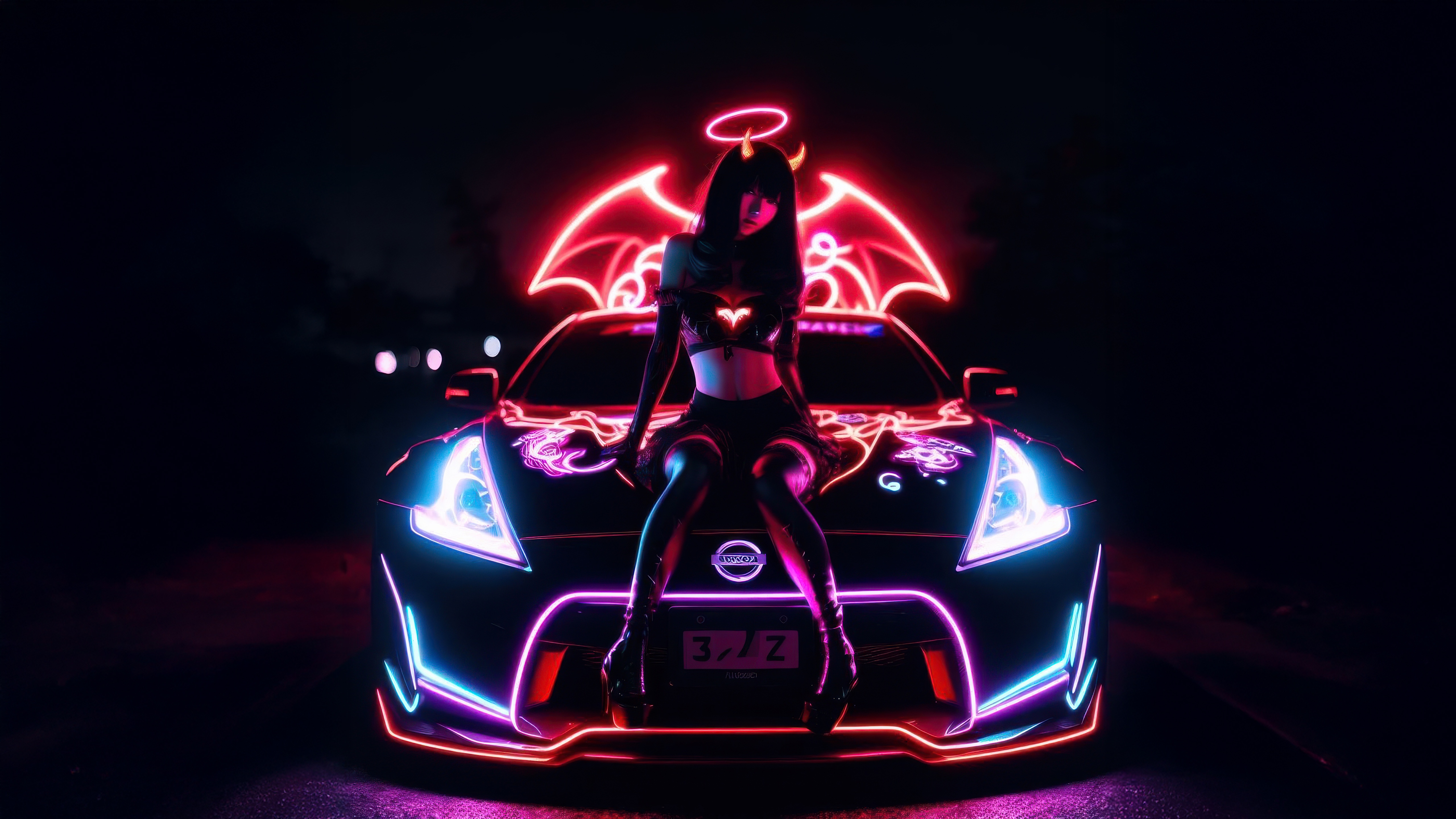 Woman with Devil Wings and Halo on a Neon Car HD Wallpaper