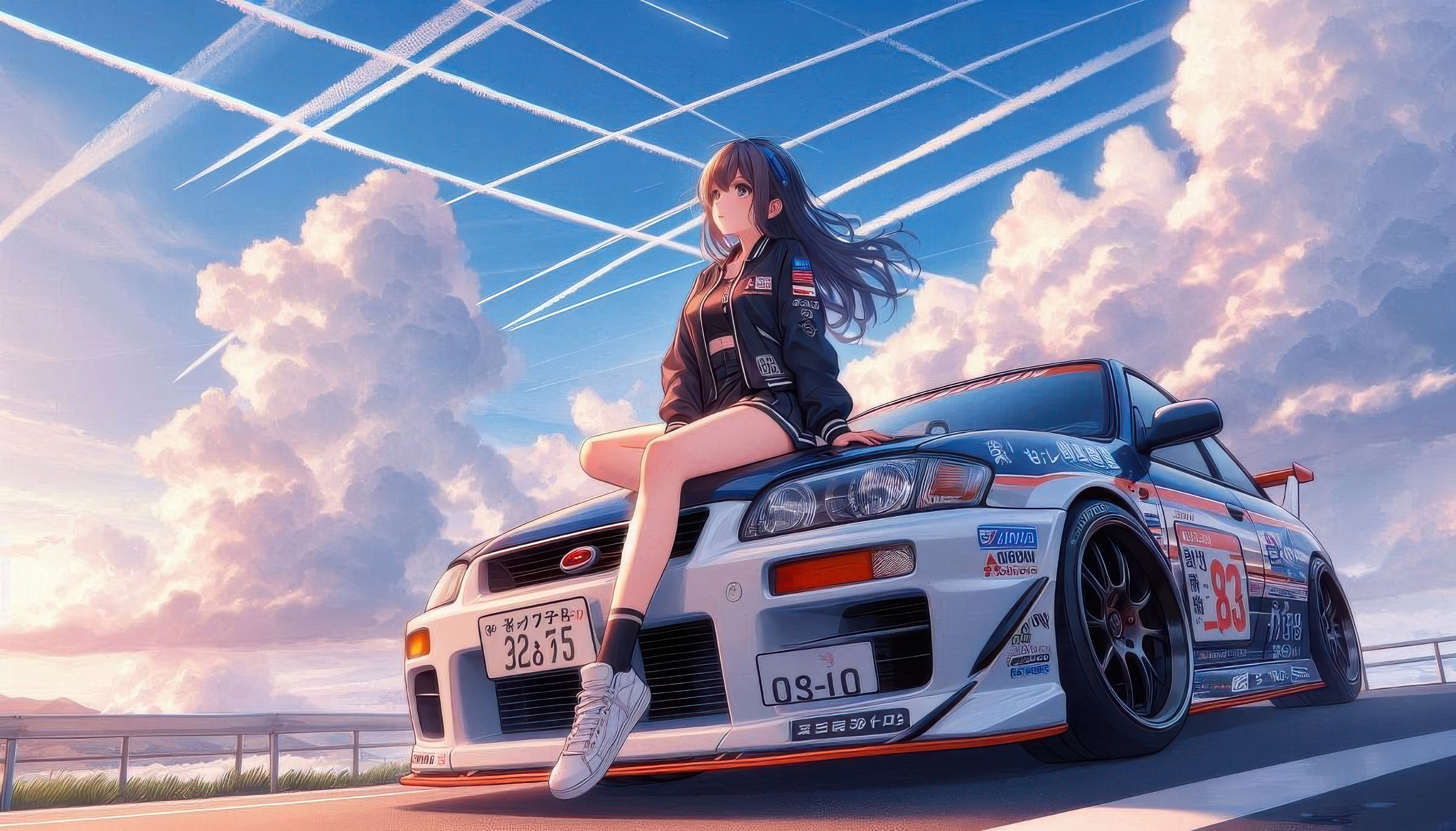 Anime girl sitting on the hood of a race car HD Wallpaper