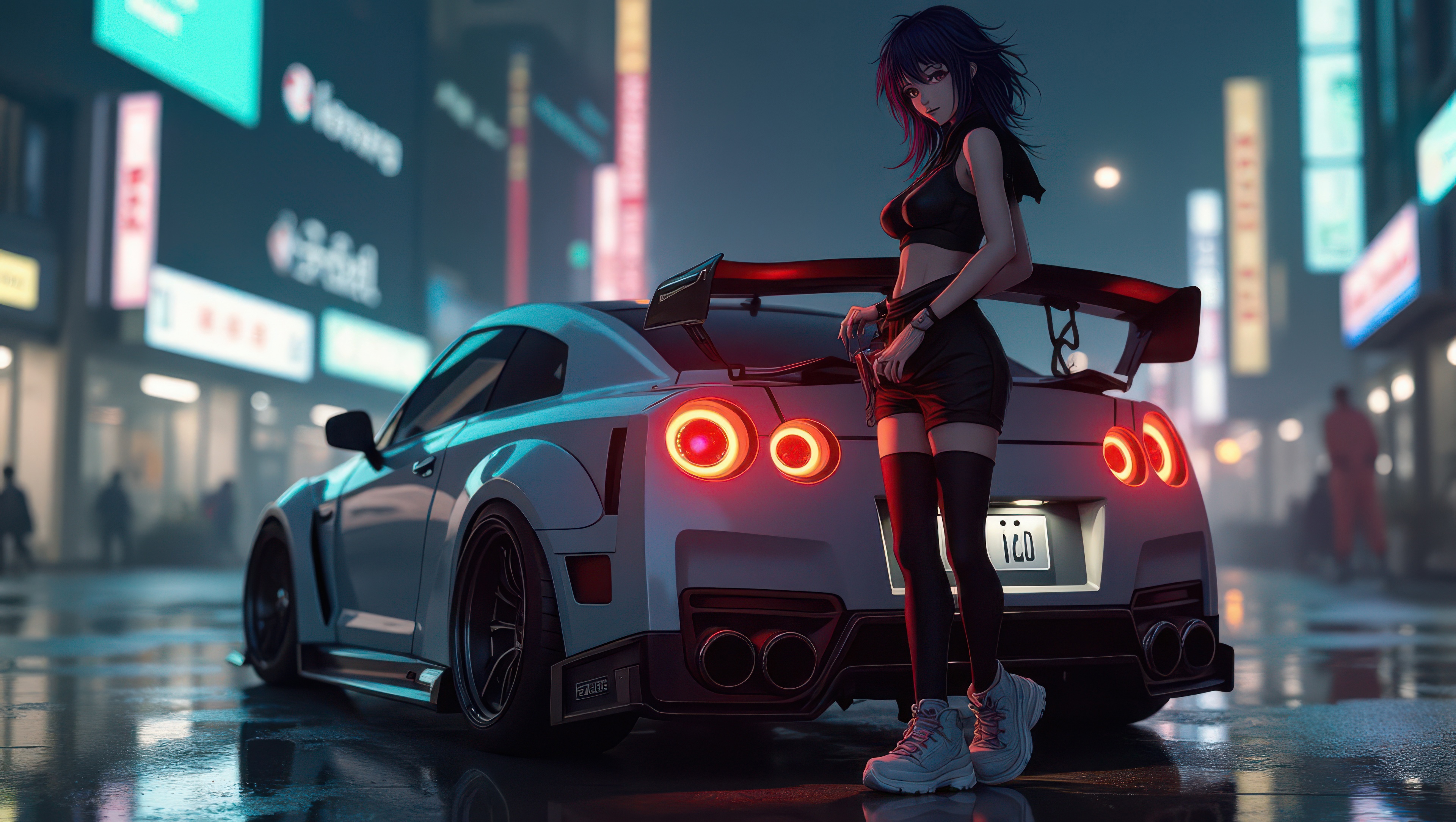 Anime girl with a sports car in Tokyo at night HD Wallpaper