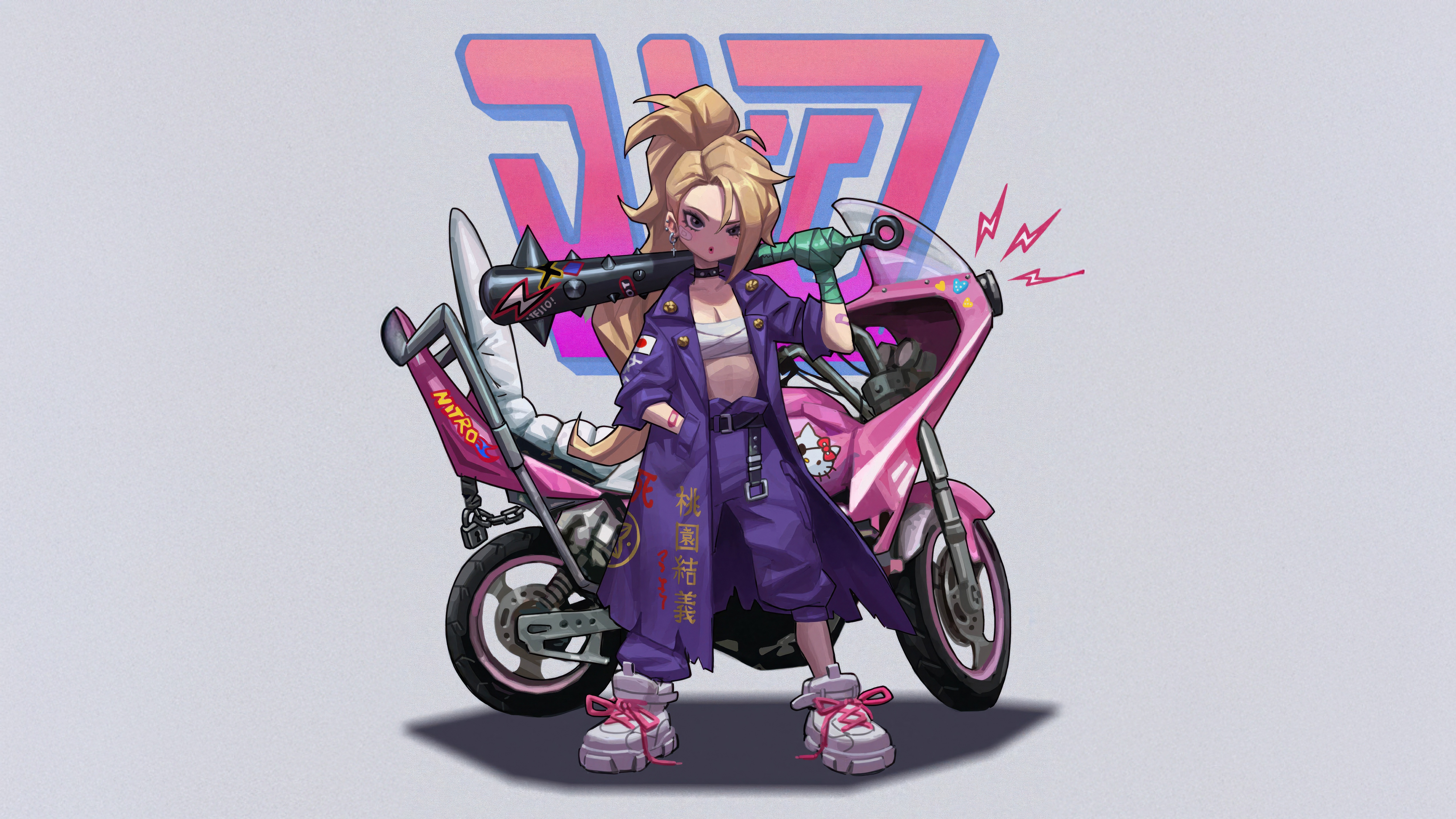 Tokyo Biker Girl with Spiked Bat and Pink Motorcycle HD Wallpaper