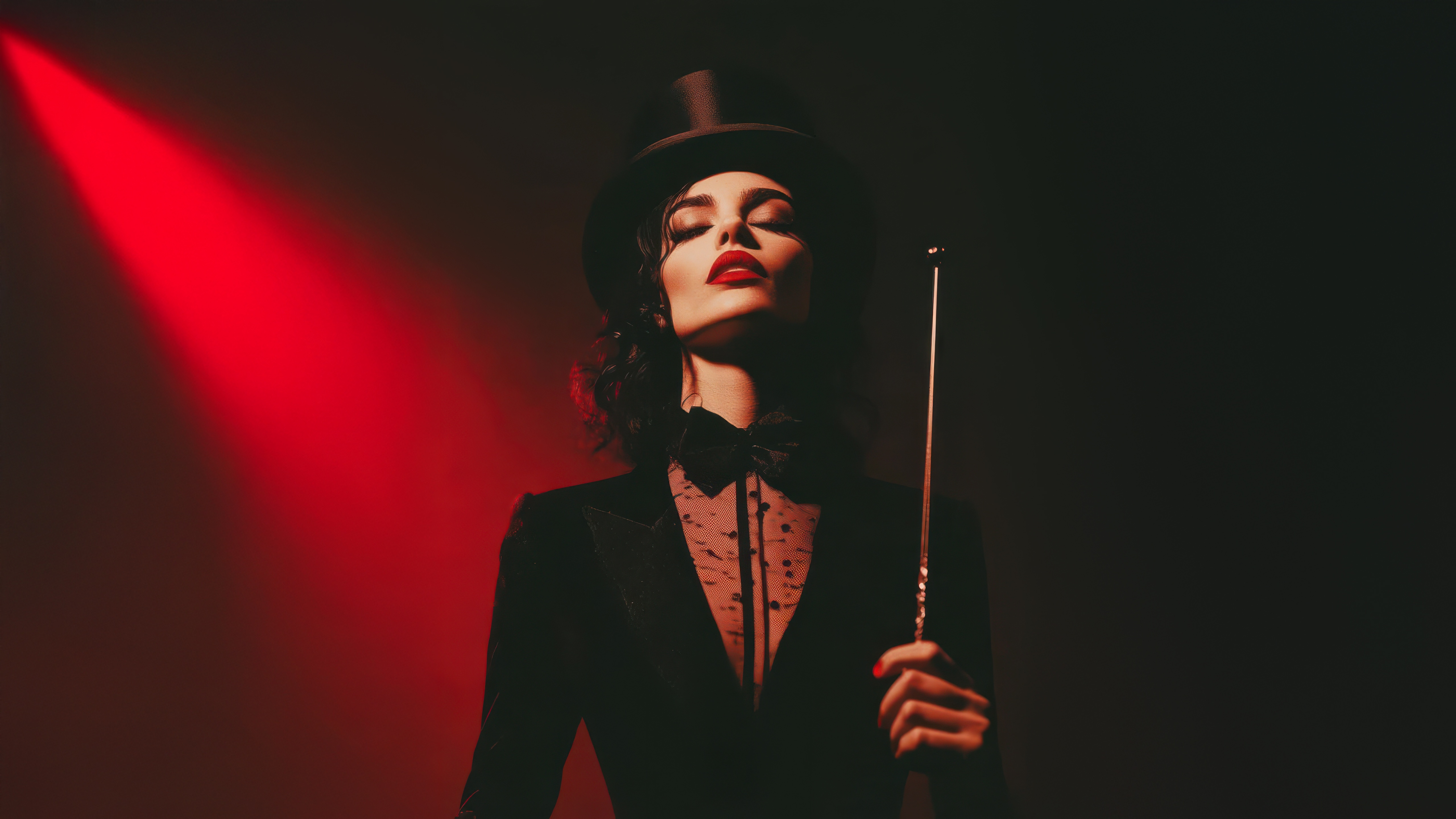 Woman in top hat and tuxedo holding a wand HD Wallpaper