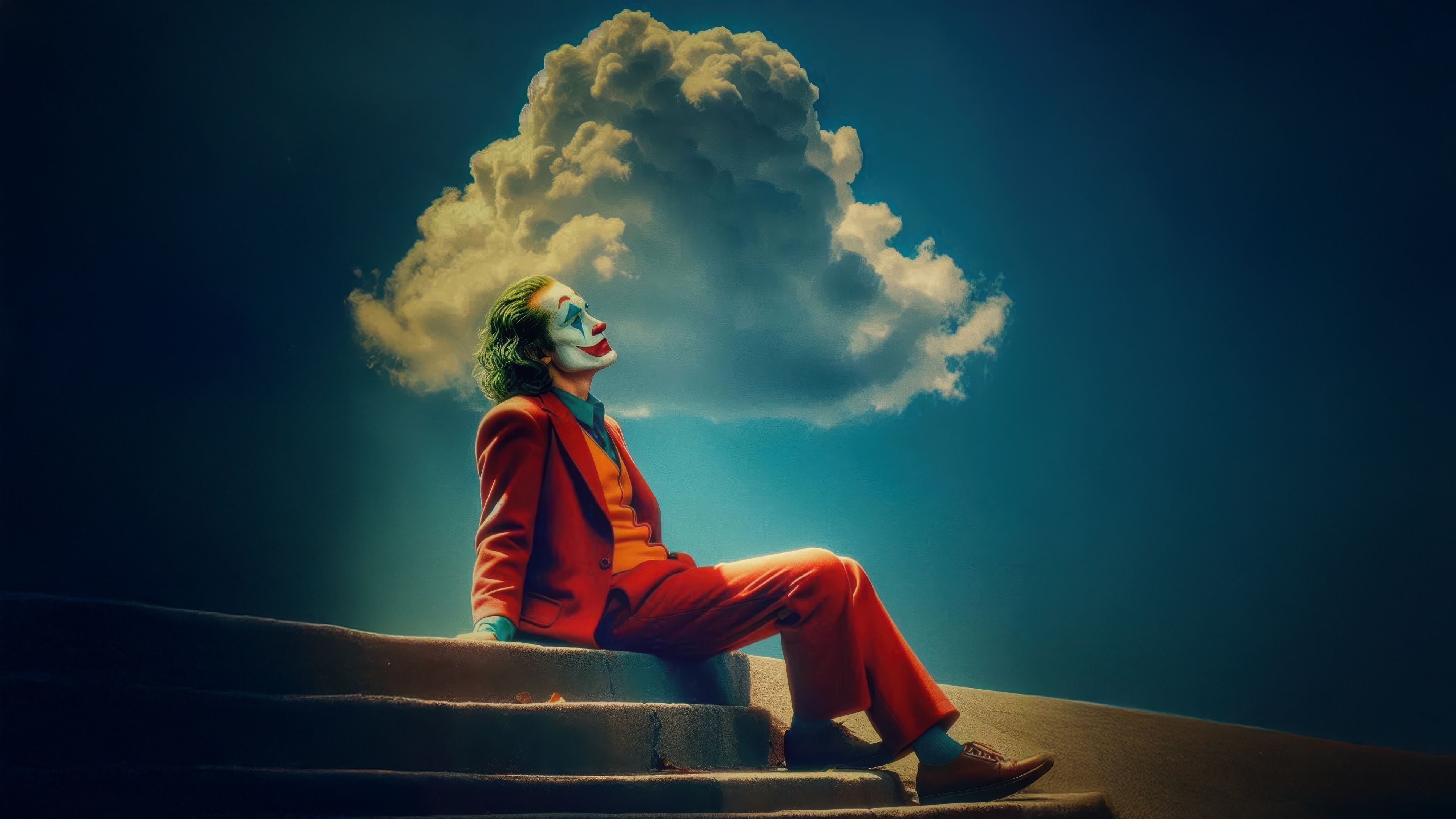 Joker sitting on stairs looking at a cloud HD Wallpaper