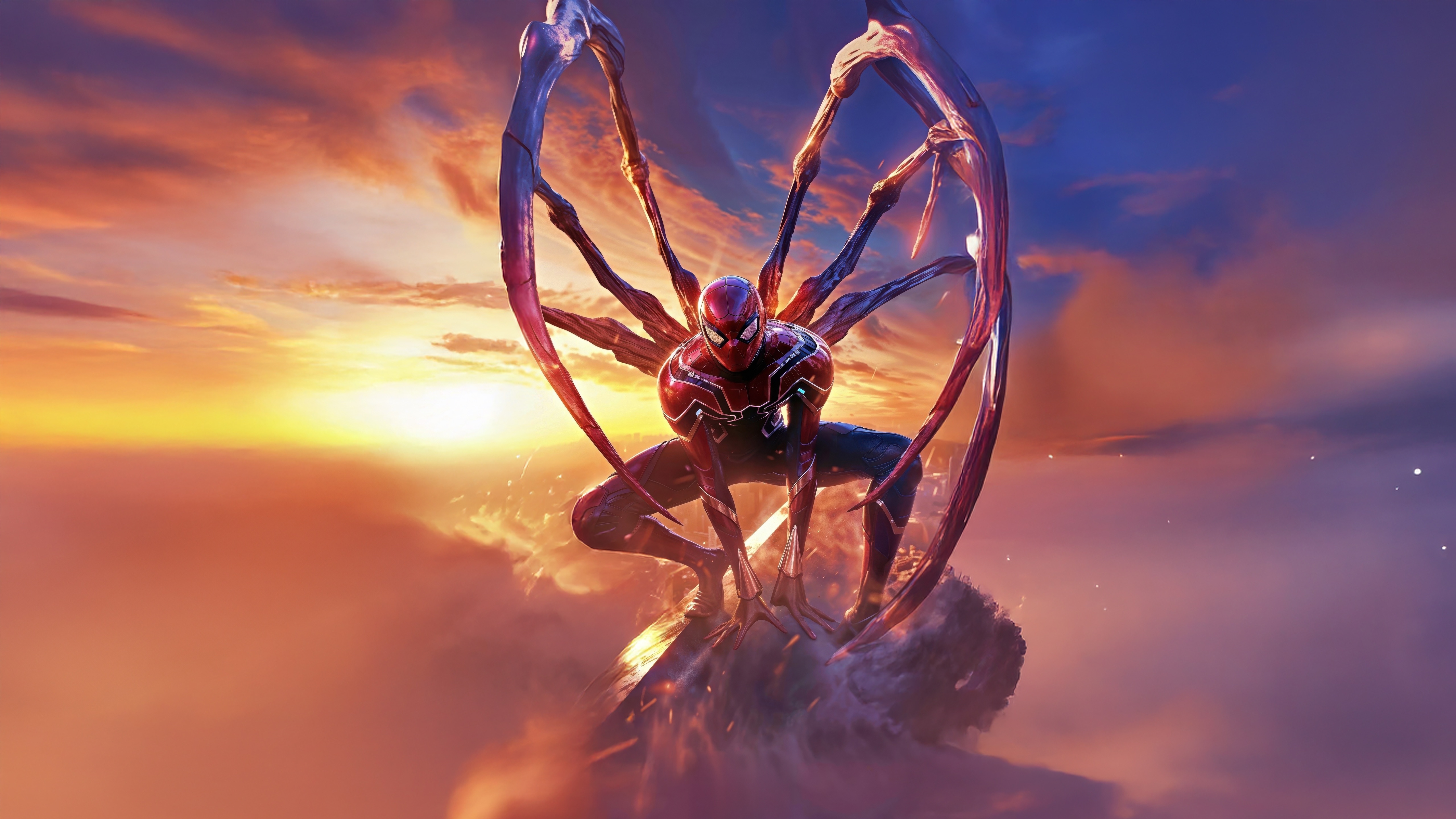 Spider-Man with Iron Spider suit in the sky HD Wallpaper