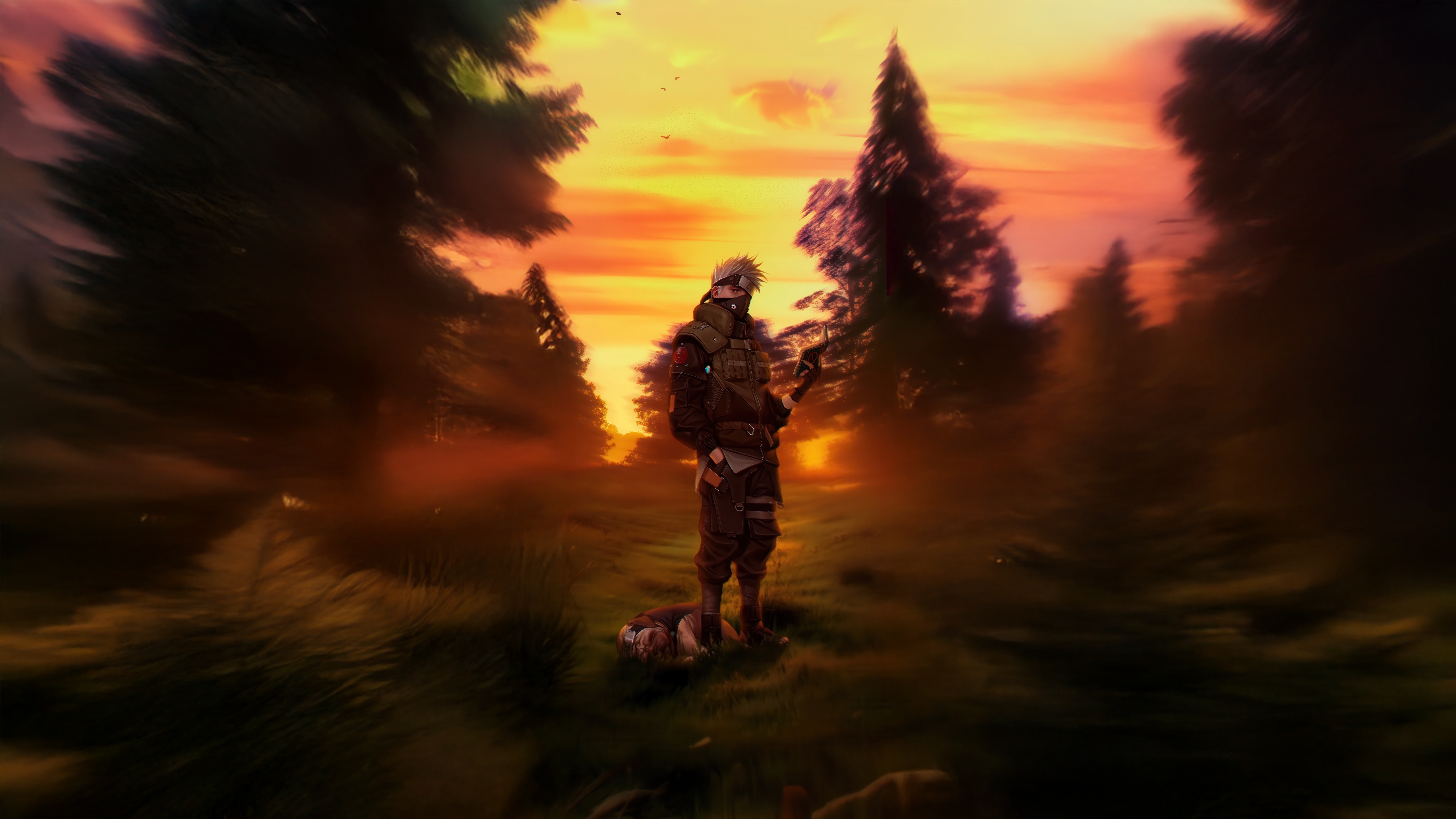 Kakashi Hatake standing in a forest at sunset HD Wallpaper
