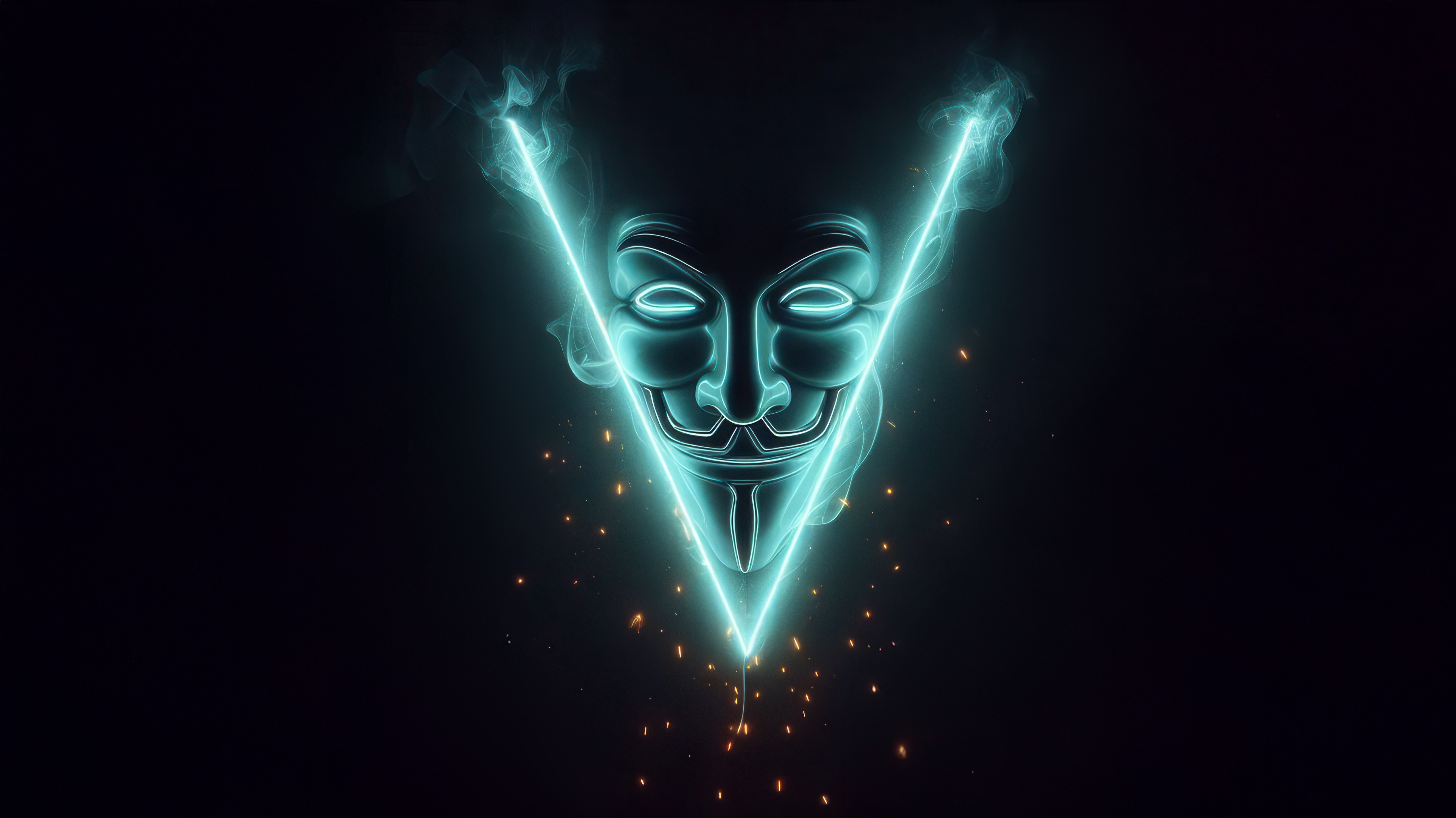 Anonymous mask with neon blue outline and smoke HD Wallpaper