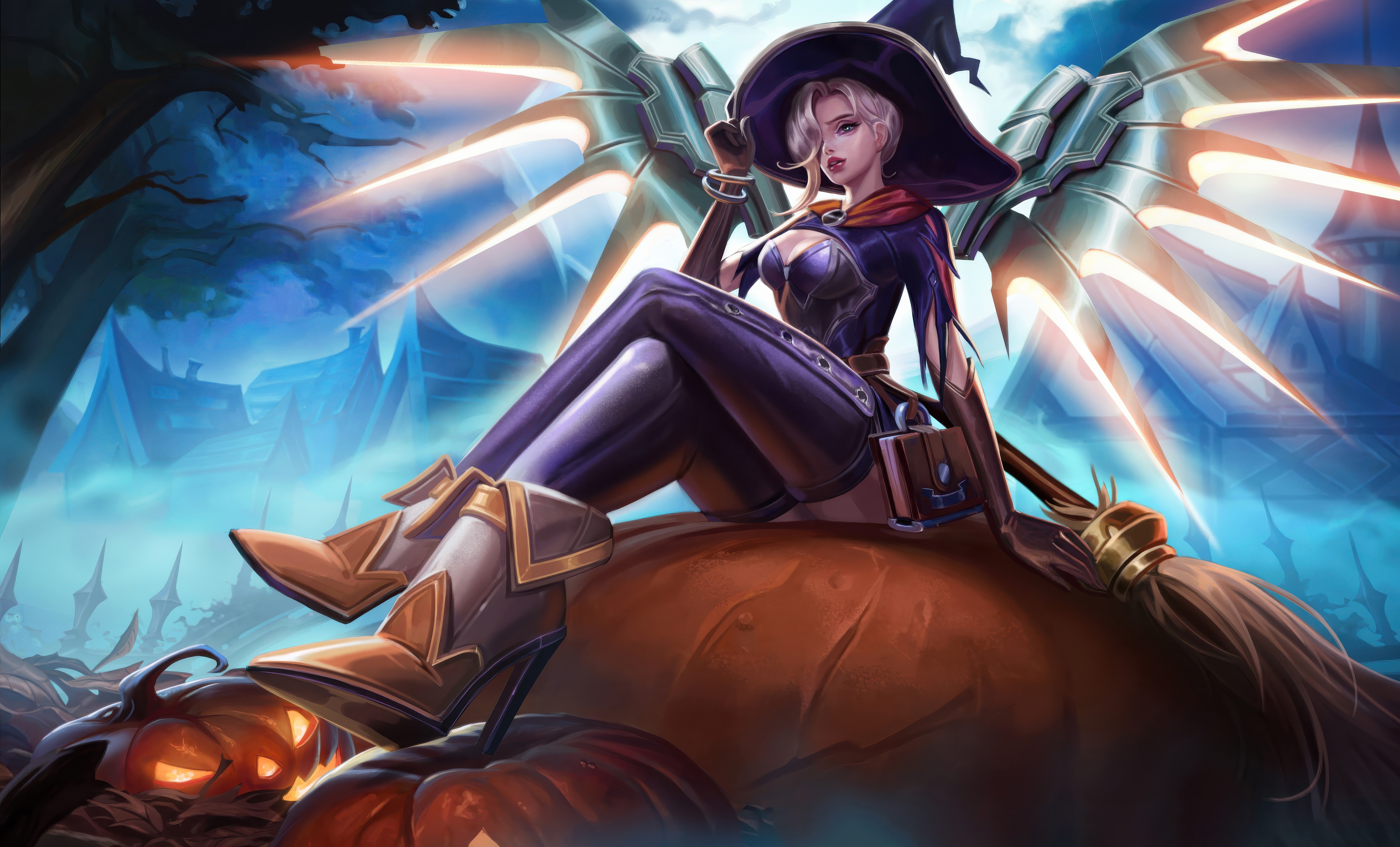 Witch Mercy sitting on a pumpkin with a broom HD Wallpaper