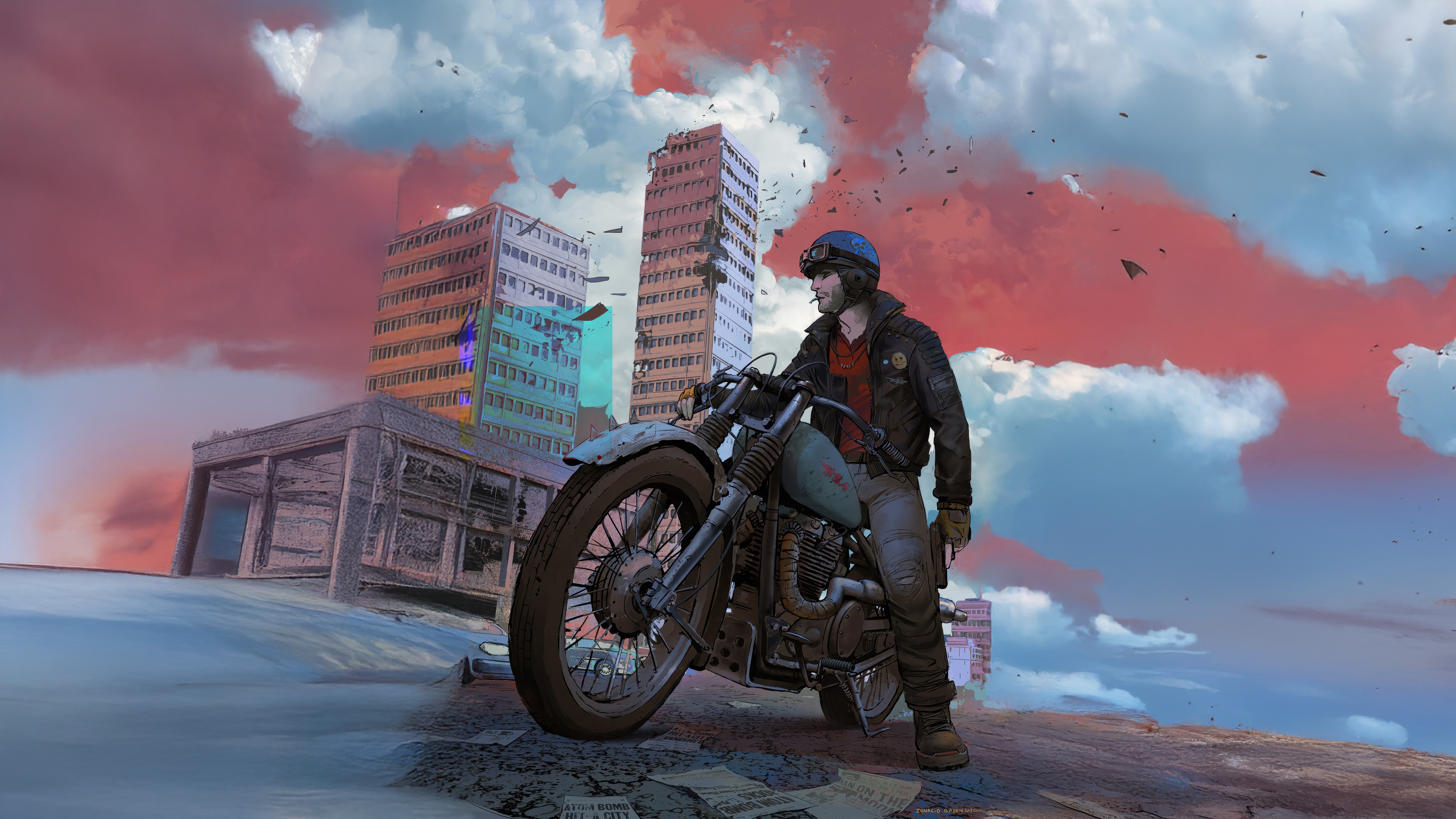 Man on Motorcycle in Abandoned City HD Wallpaper