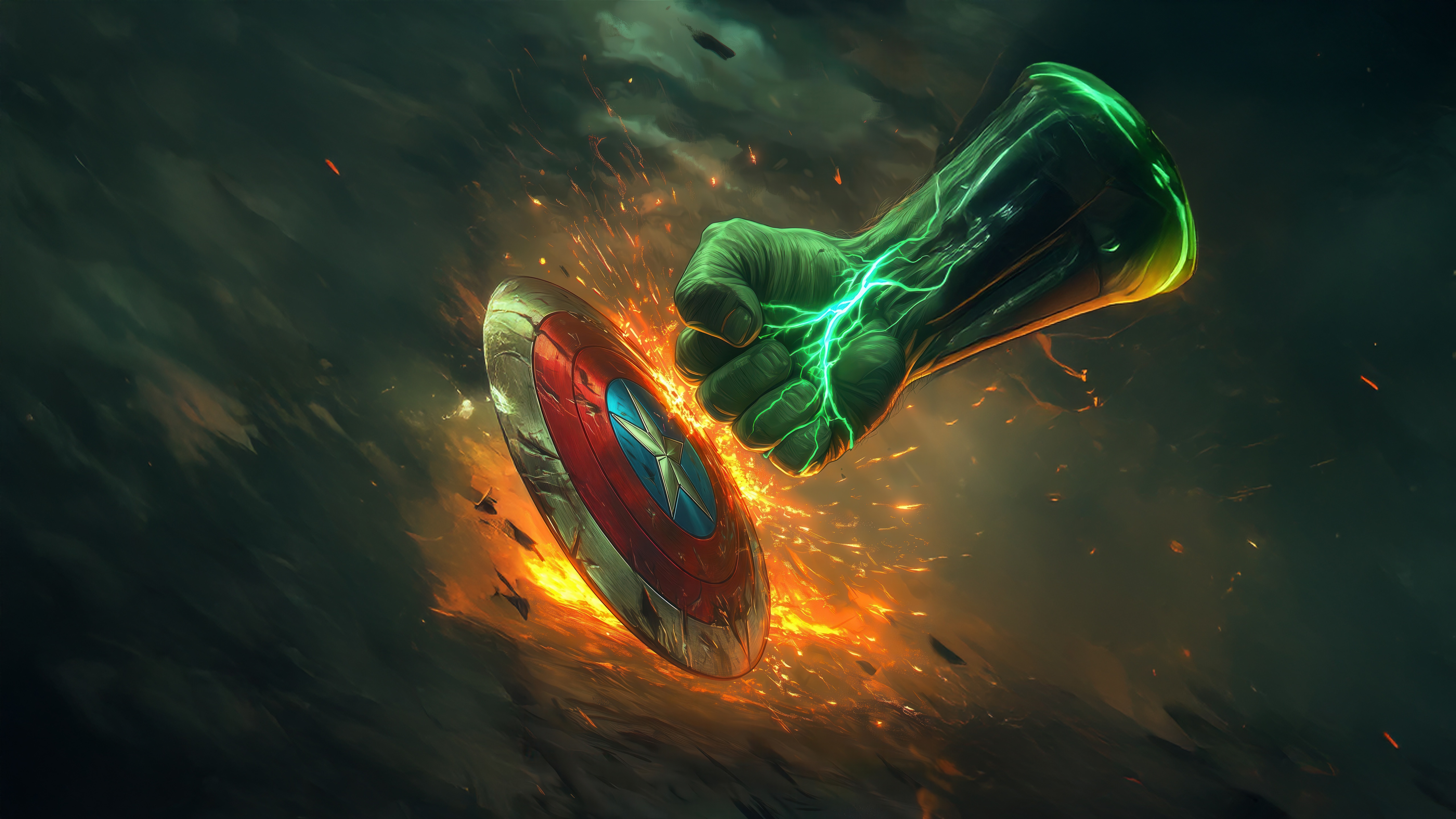 Hulk's fist smashing Captain America's shield HD Wallpaper