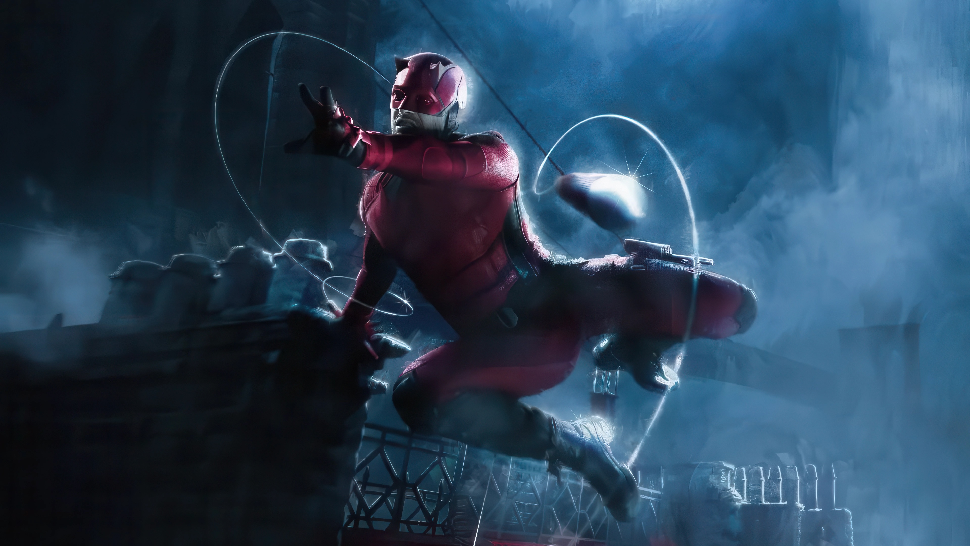 Daredevil in a red suit swings through the city HD Wallpaper