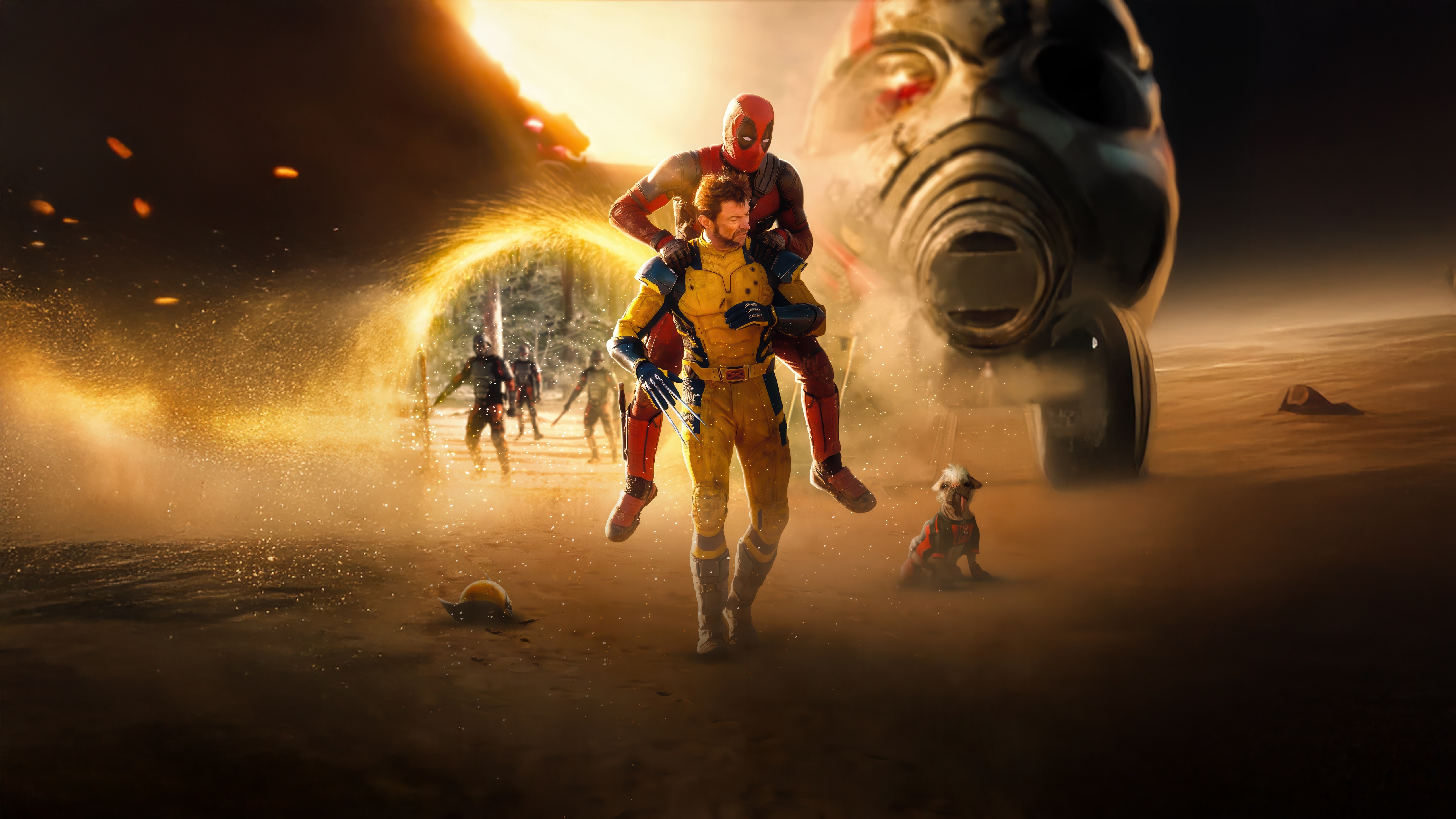 Deadpool Carries Wolverine Through a Fiery Portal HD Wallpaper