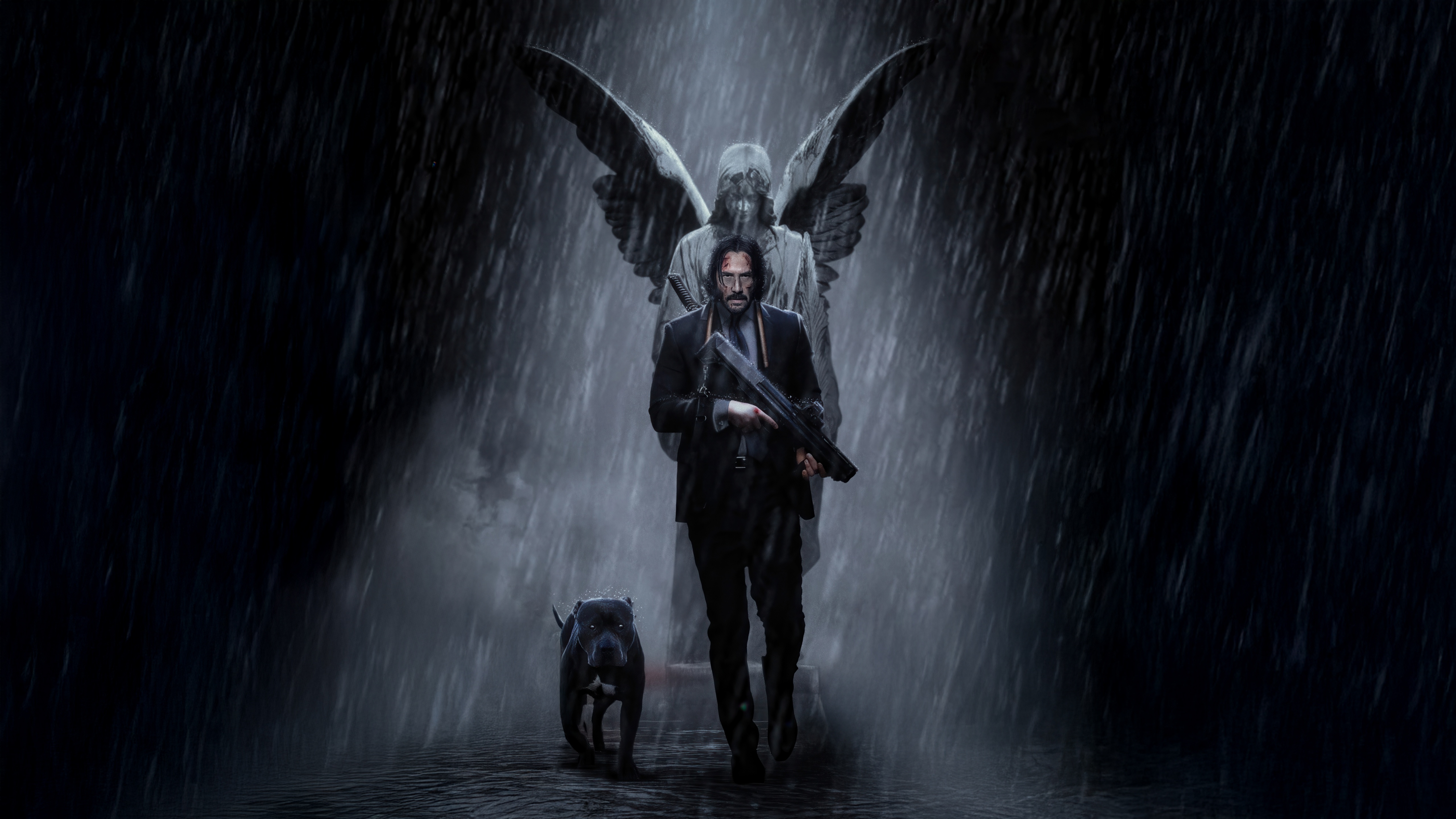 John Wick and his dog with an angel statue HD Wallpaper