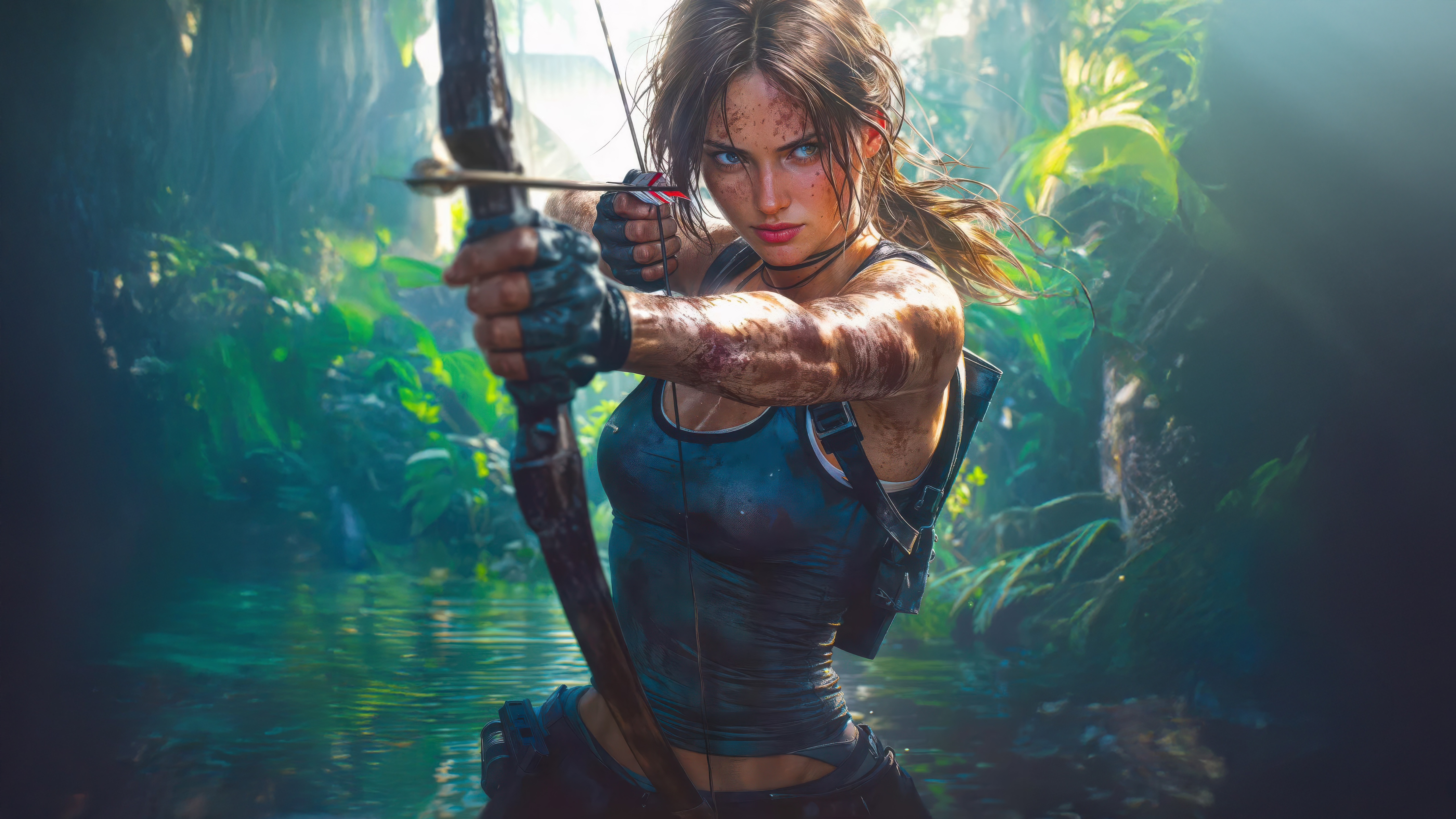 Lara Croft aiming a bow and arrow in a jungle HD Wallpaper