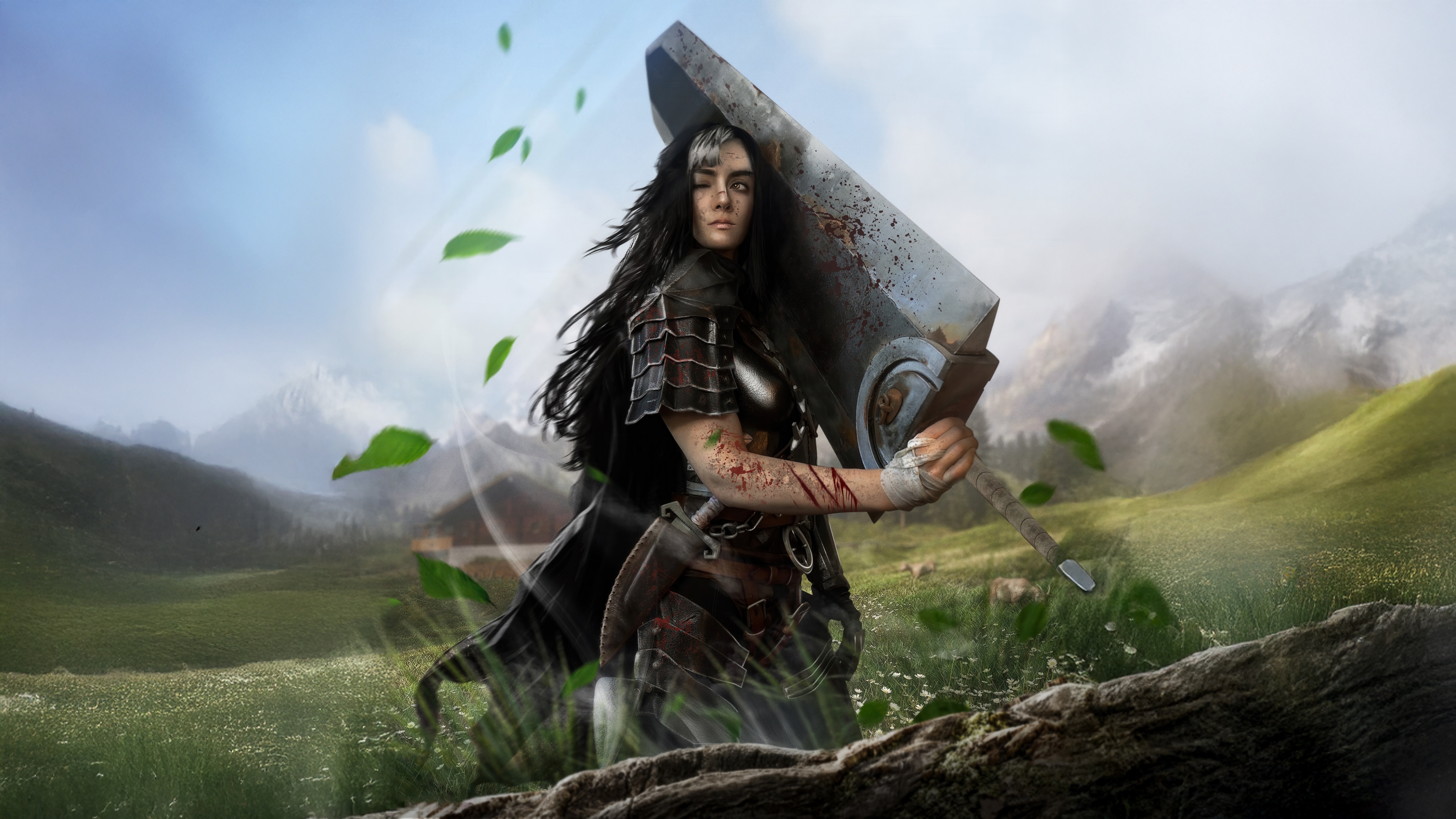 Lady Berserk with a large sword in a field HD Wallpaper