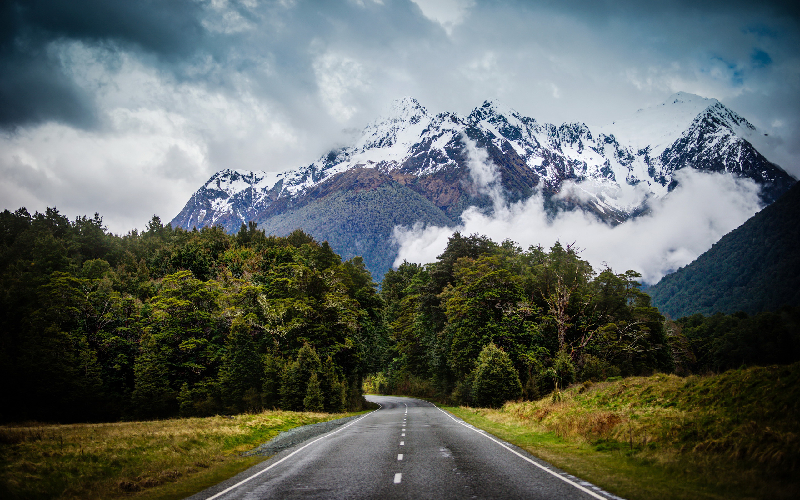Road through forest to snow-capped mountains HD Wallpaper