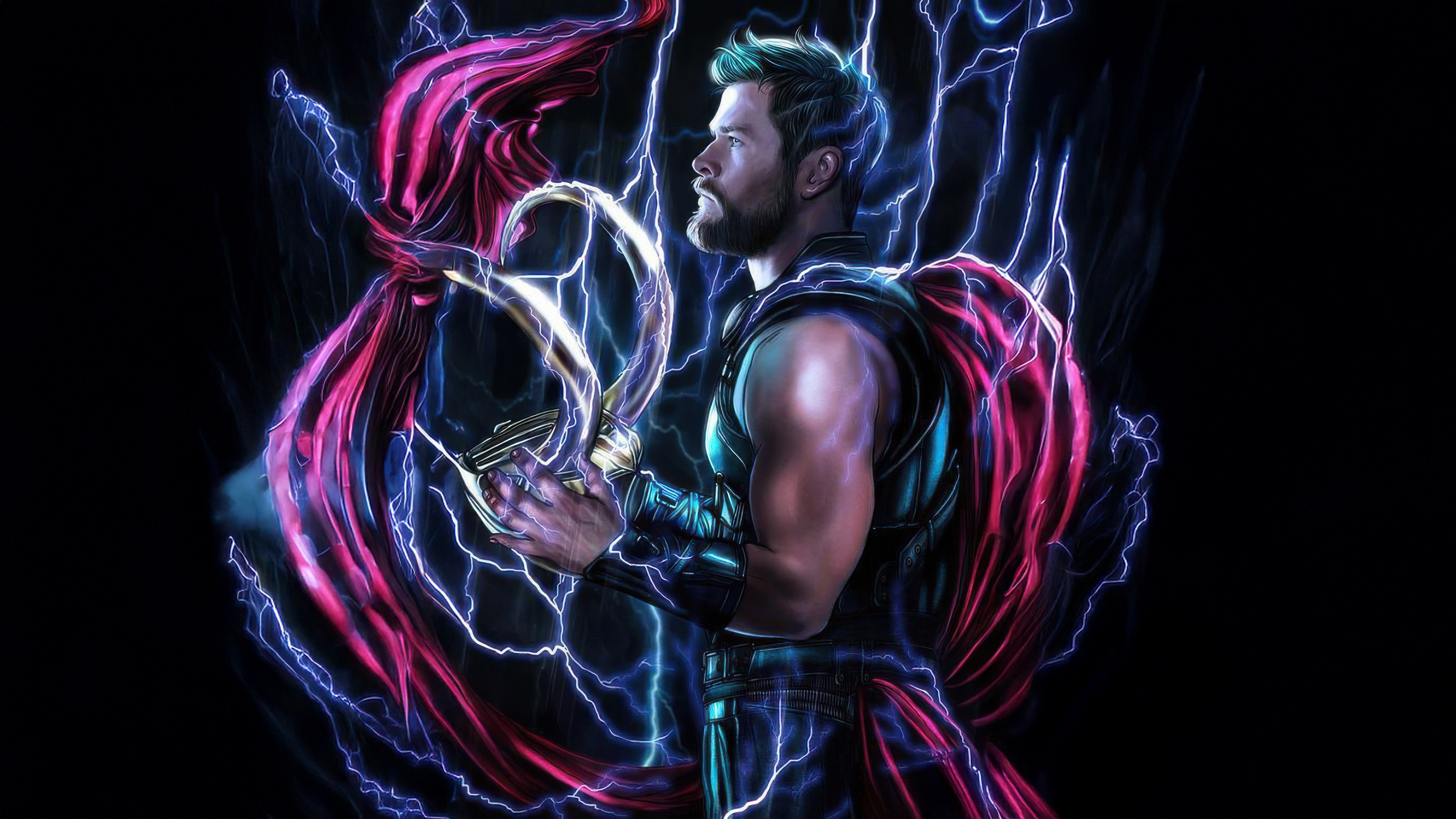 Thor with Lightning and Red Cape HD Wallpaper