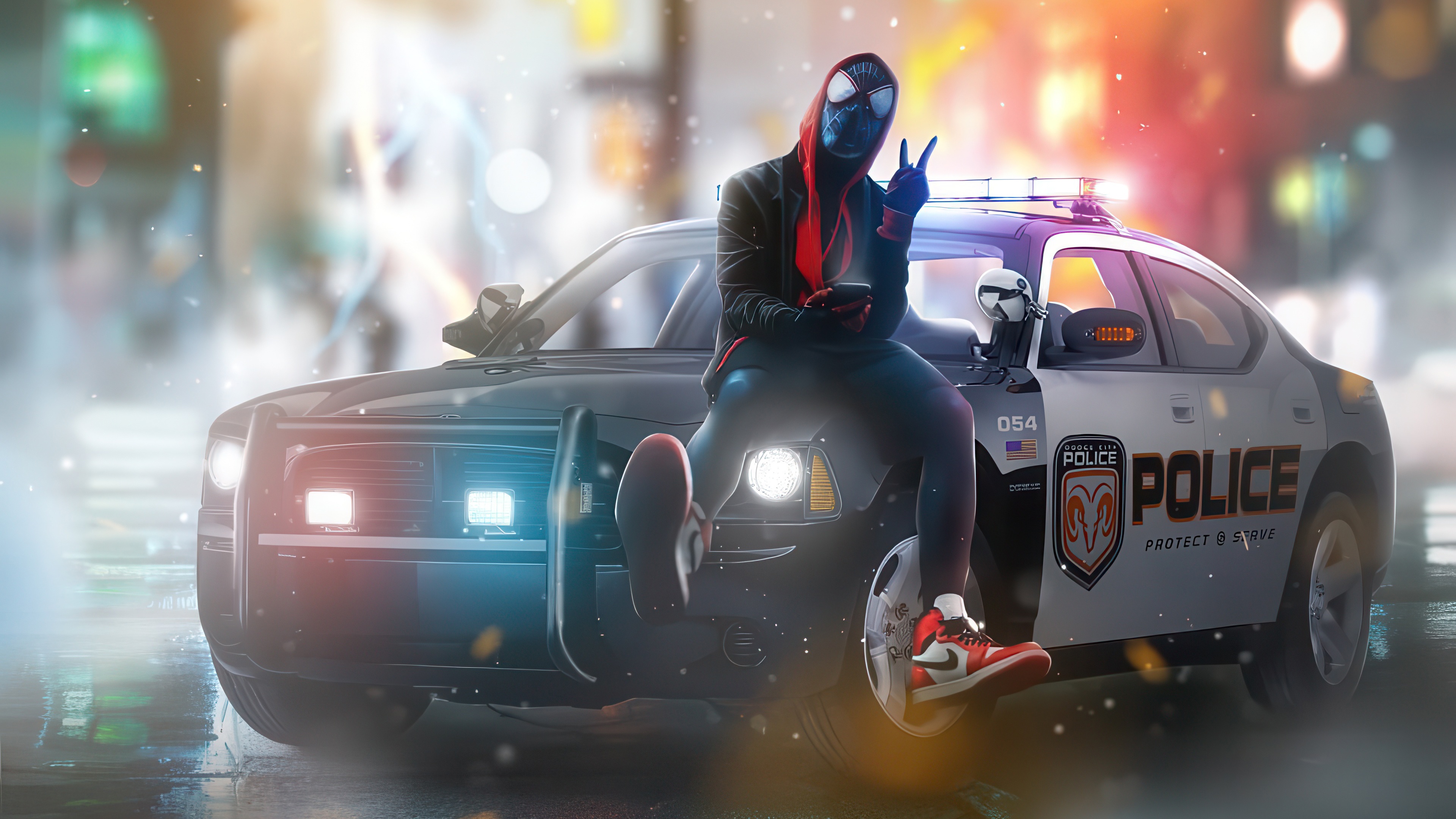 Spider-Man Miles Morales sitting on a police car HD Wallpaper