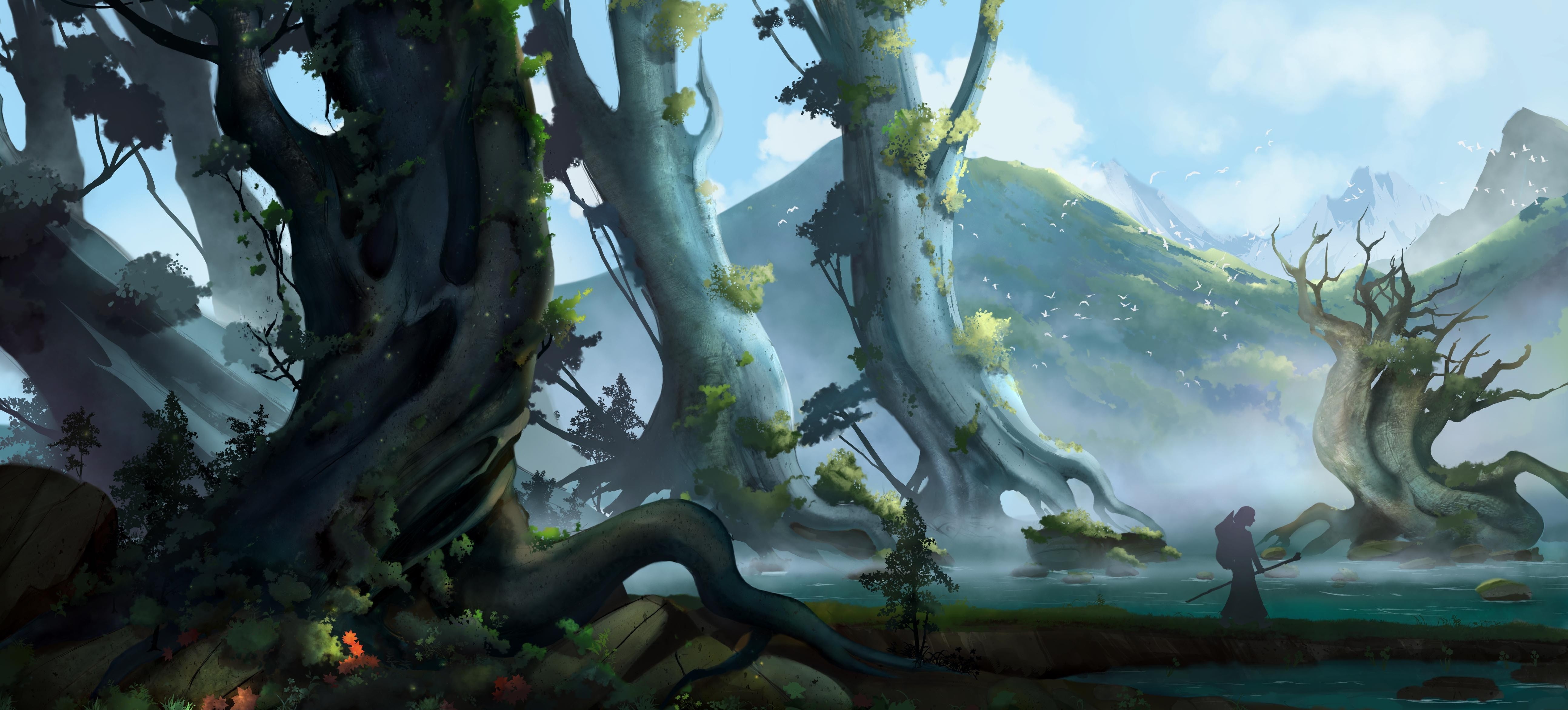 Fantasy landscape with giant trees and a traveler HD Wallpaper