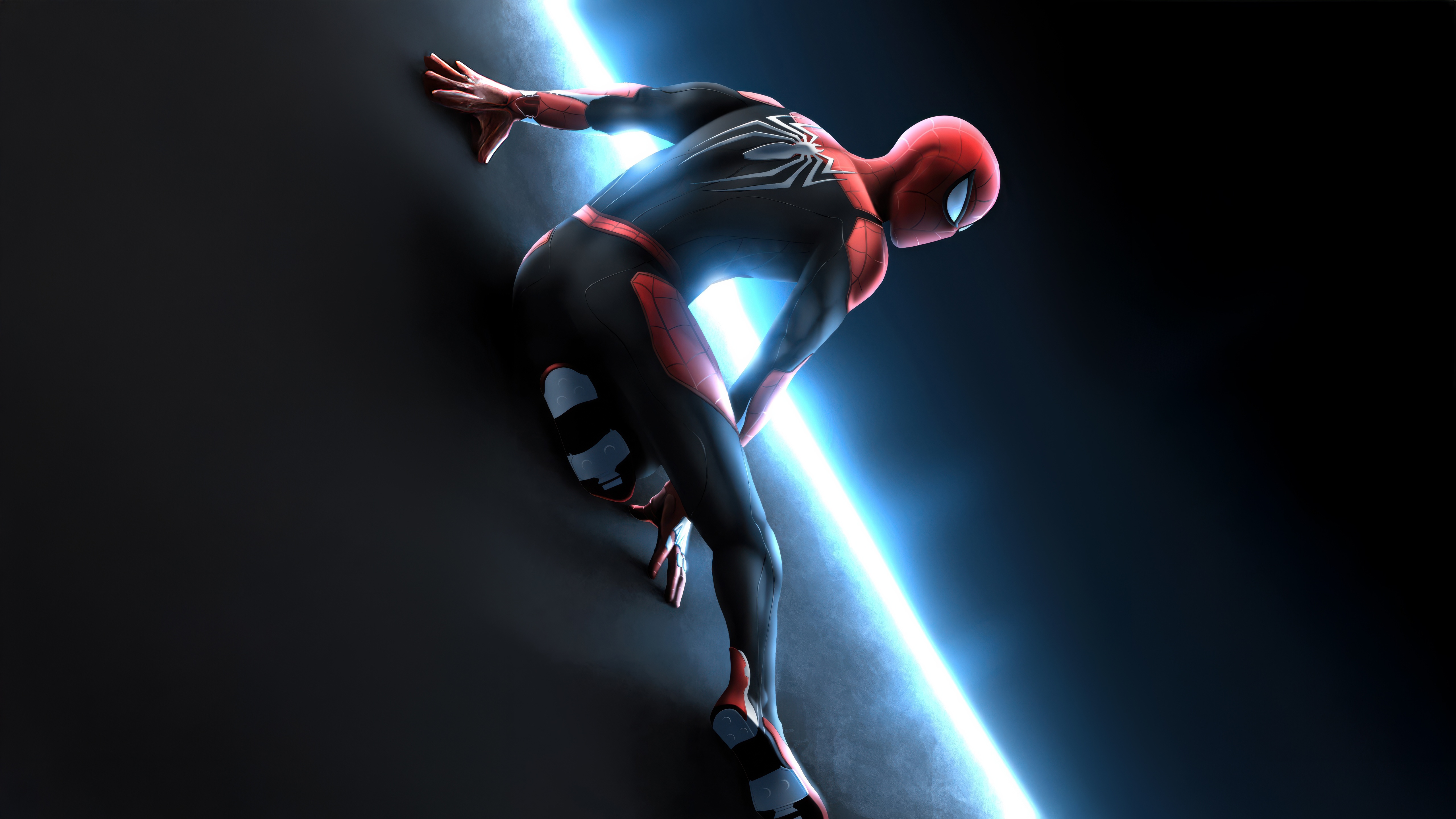 Spider-Man climbing a dark wall with blue light HD Wallpaper