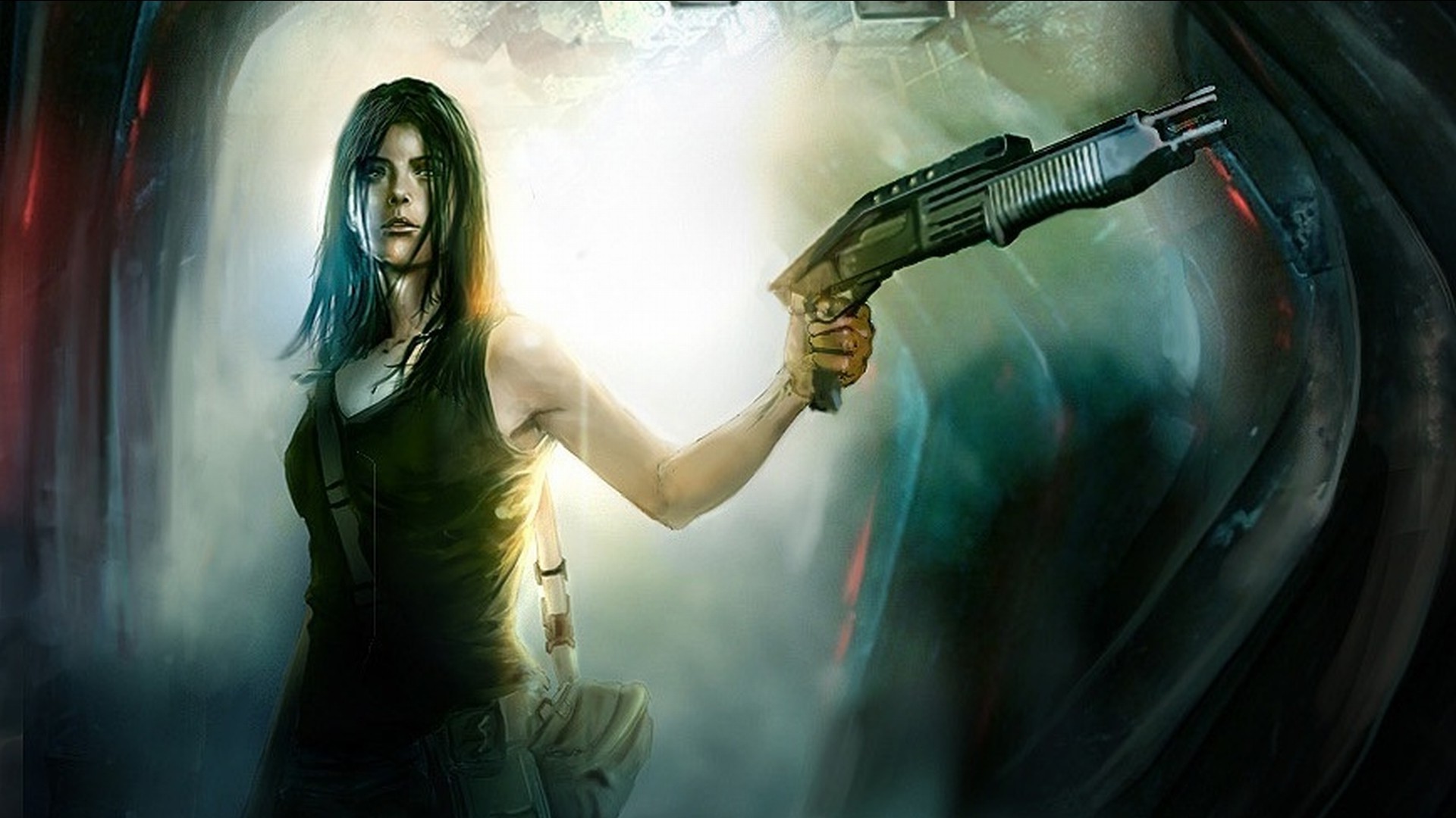 Woman holding a shotgun in a dark environment HD Wallpaper