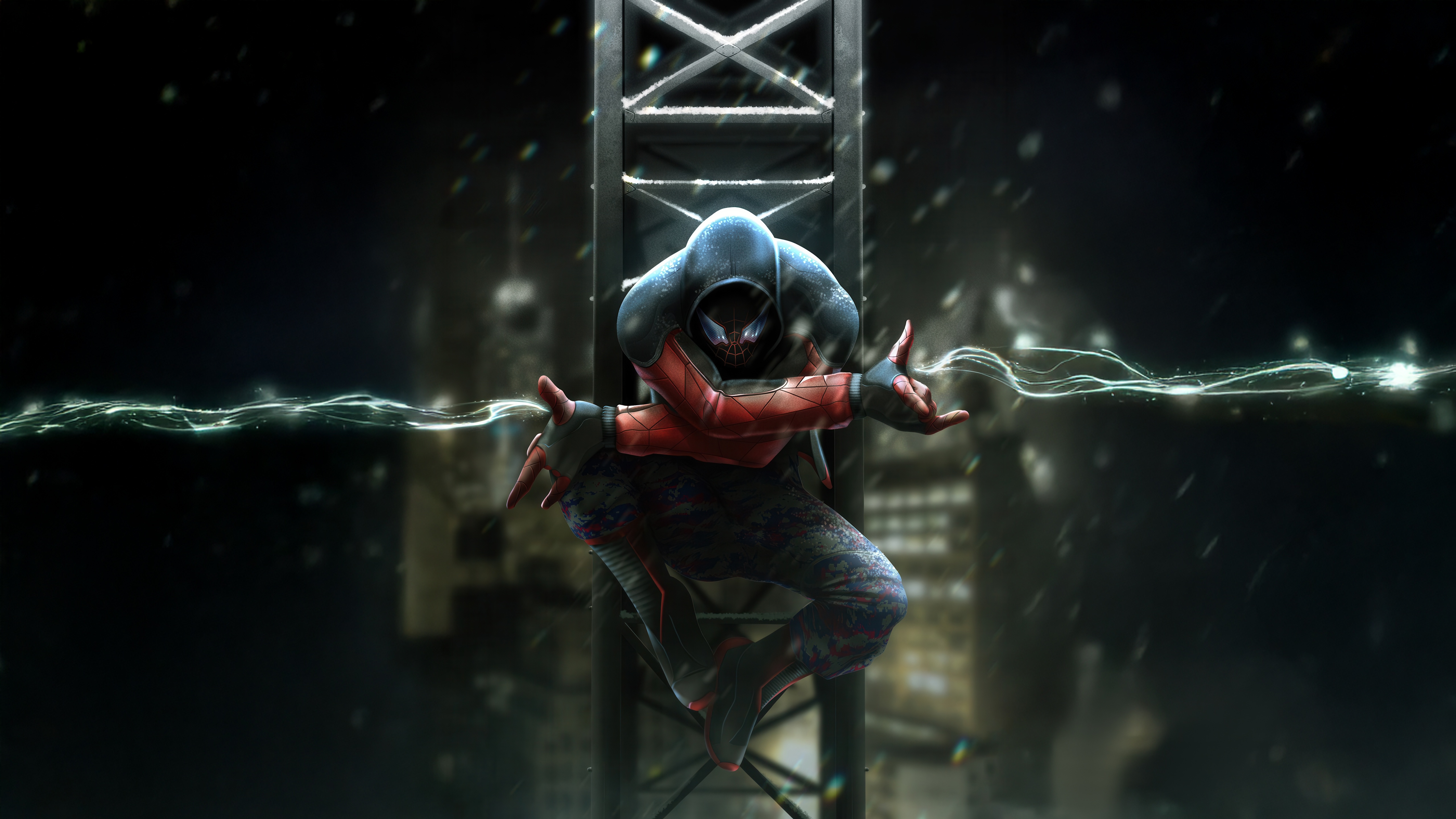 Miles Morales on a tower with lightning HD Wallpaper