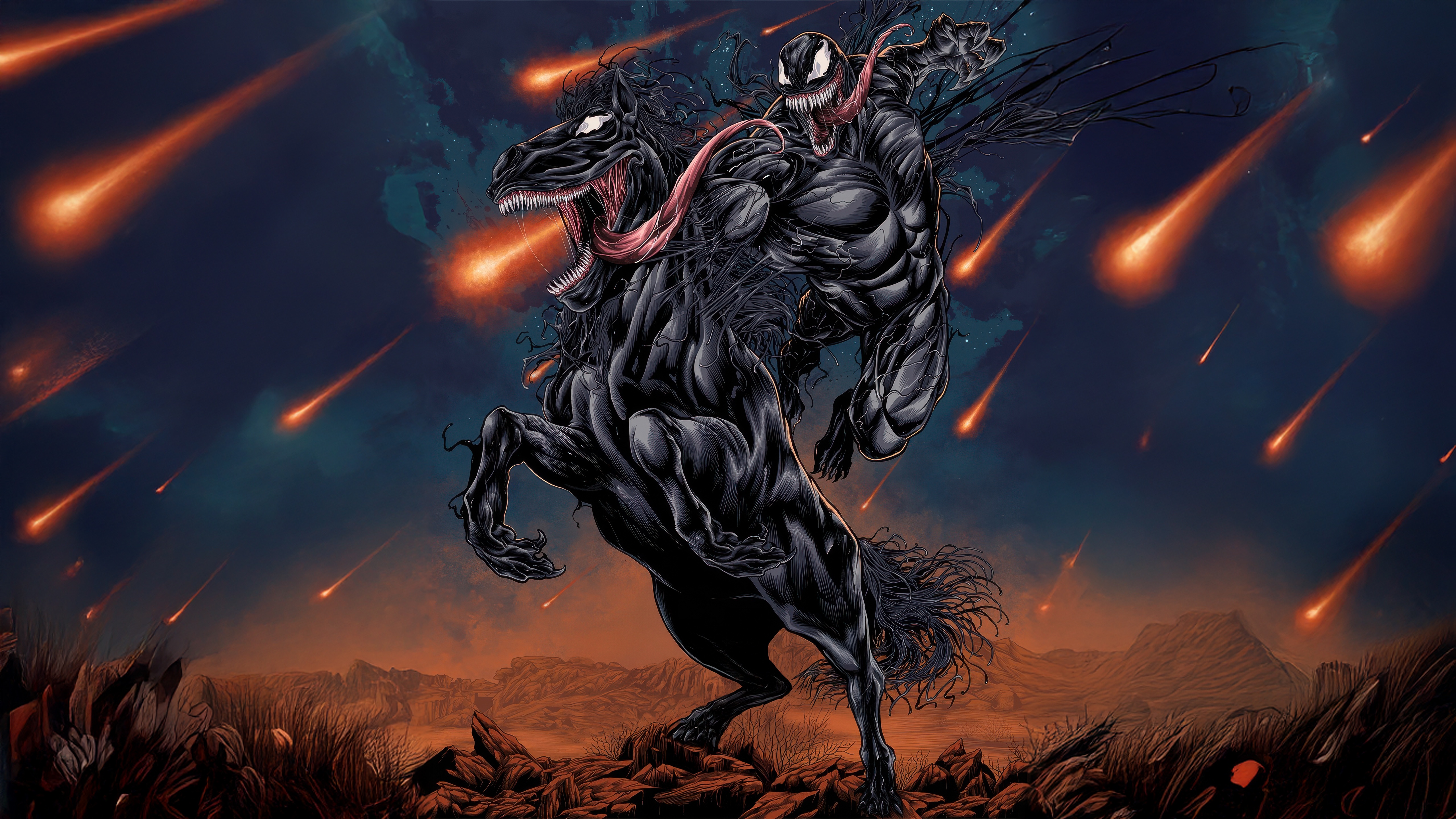 Venom on a Black Horse with Meteors HD Wallpaper