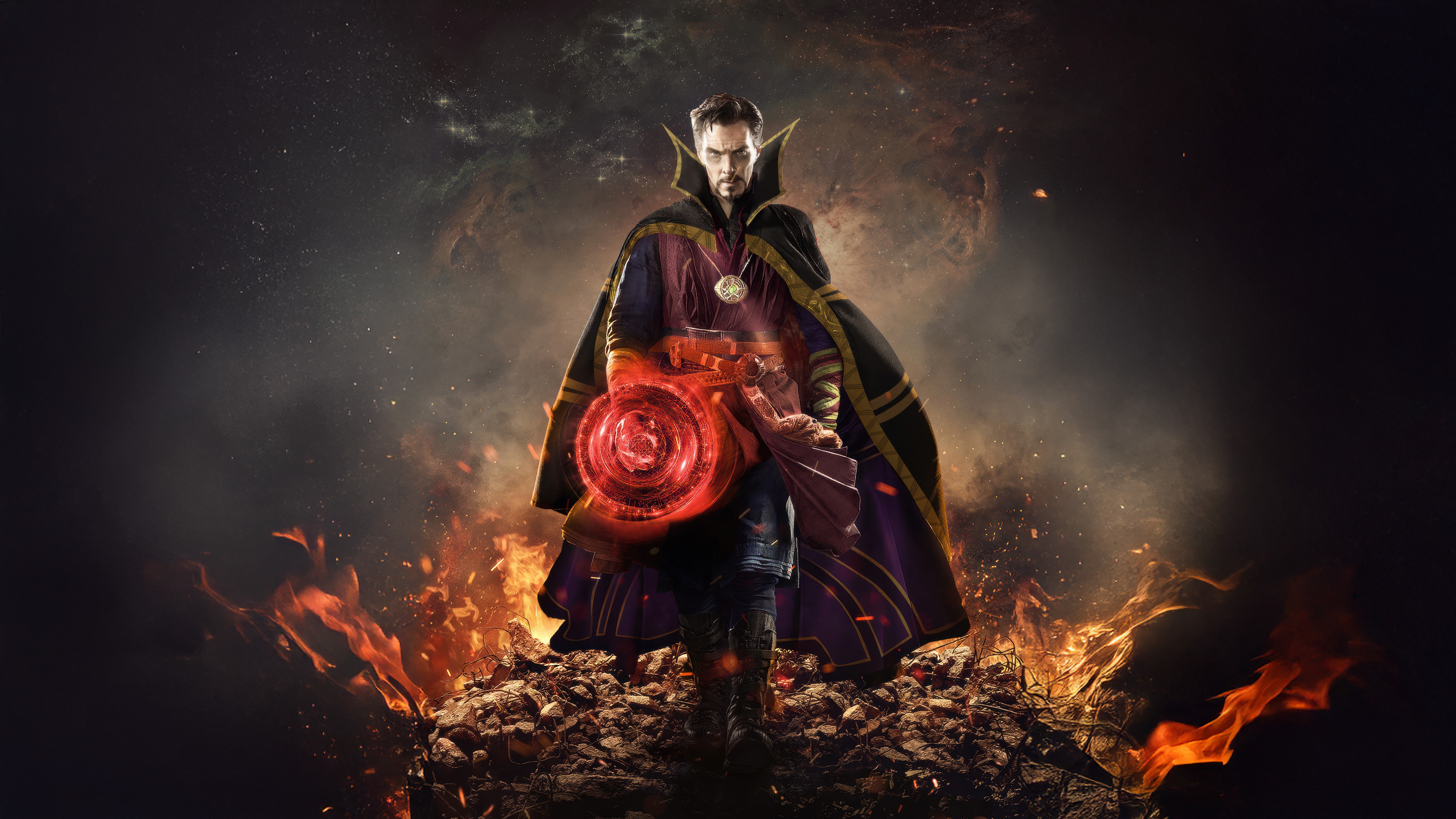 Doctor Strange conjures magic with a fiery background HD Wallpaper