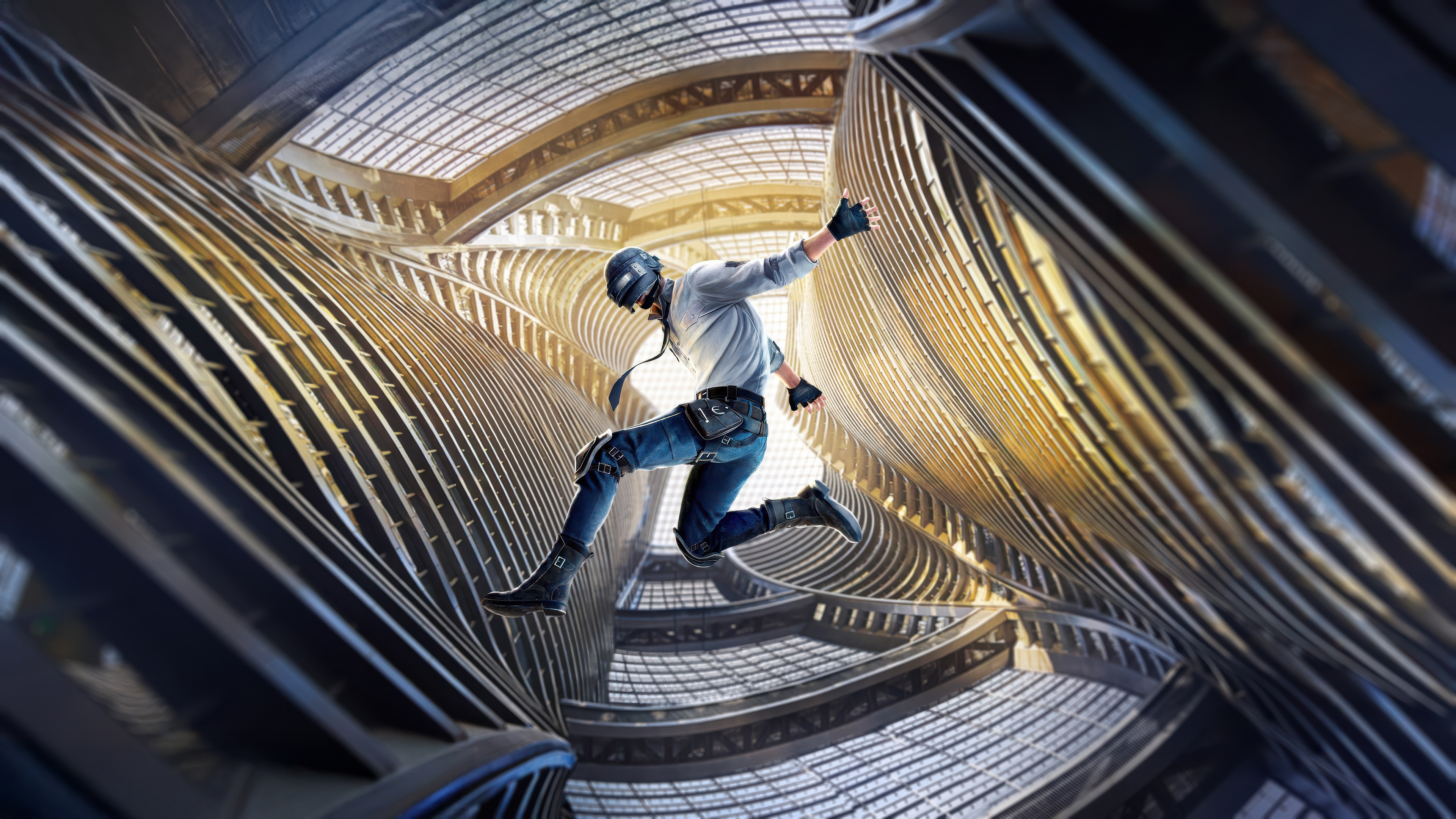 PUBG Helmet Guy Jumping in Futuristic Building HD Wallpaper