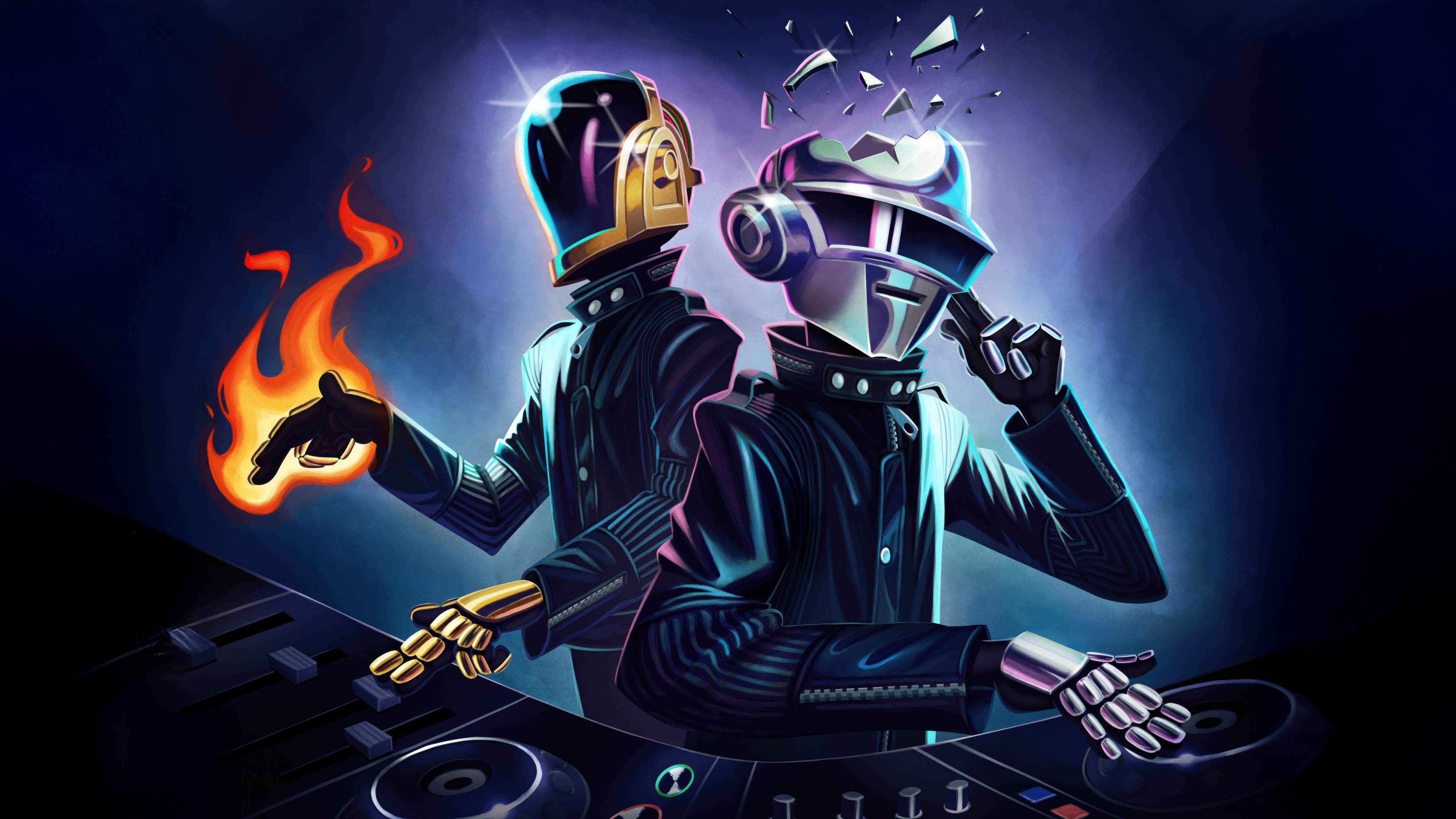 Daft Punk DJs with Fire and Shattered Helmets HD Wallpaper