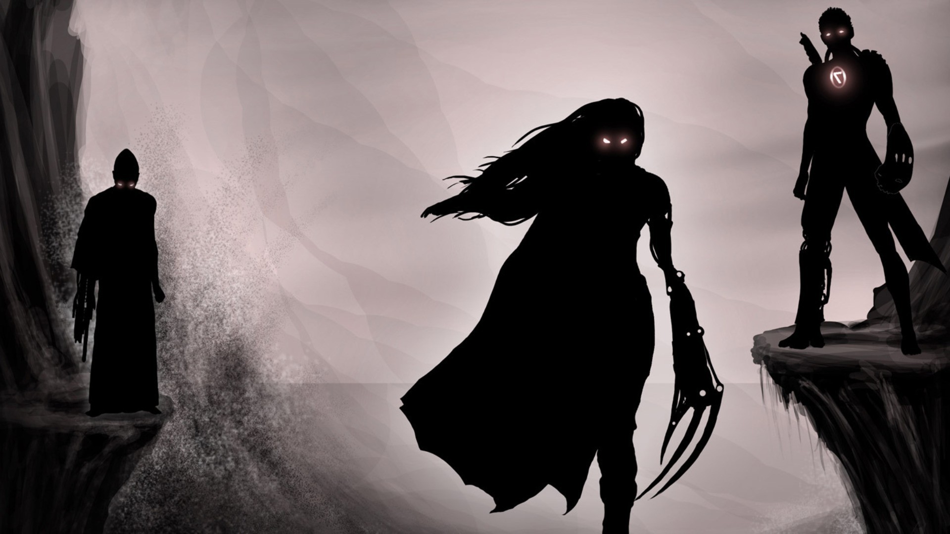 Three shadowy figures with glowing eyes on rocky cliffs HD Wallpaper