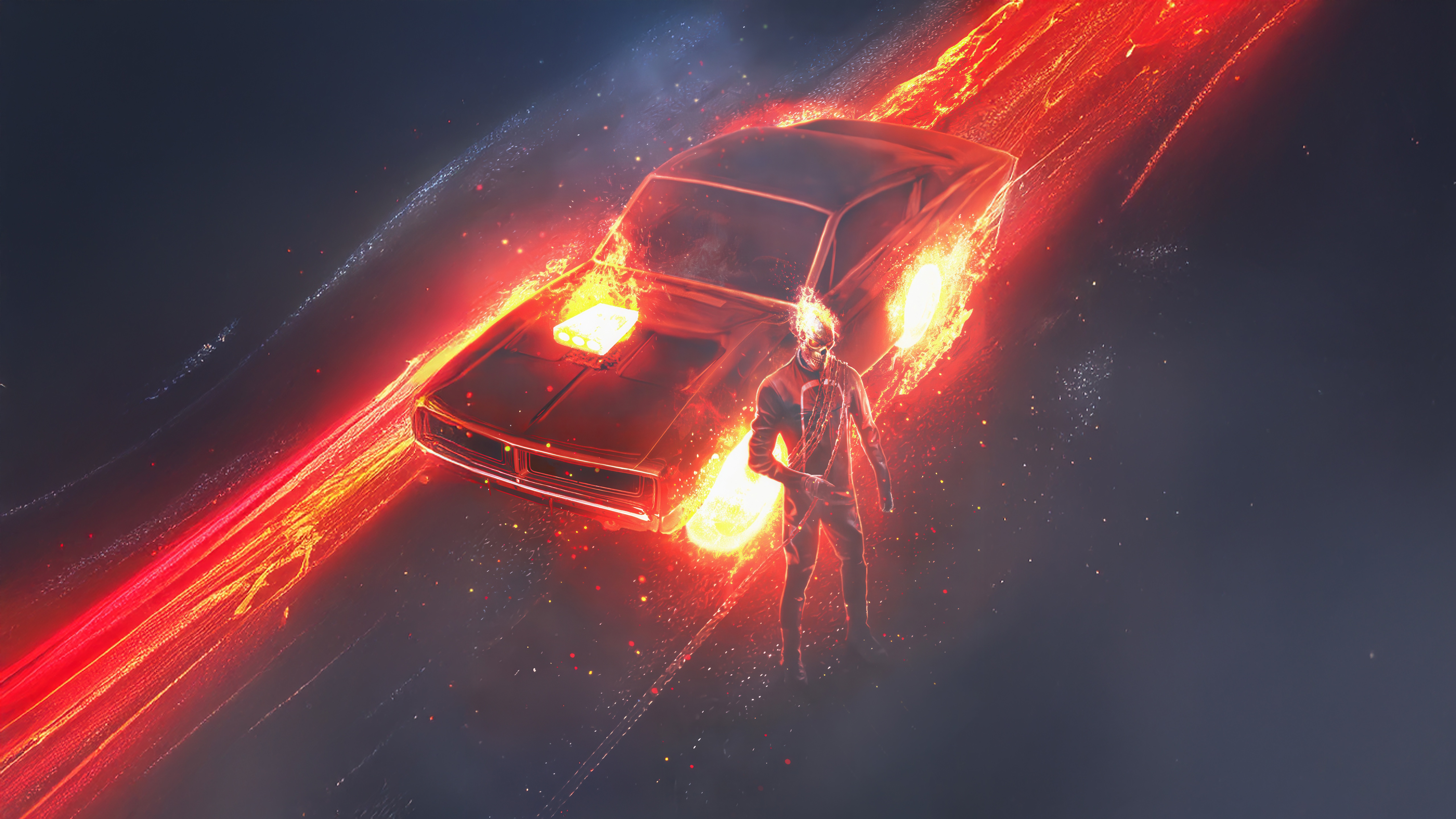 Ghost Rider and his flaming car on a road HD Wallpaper