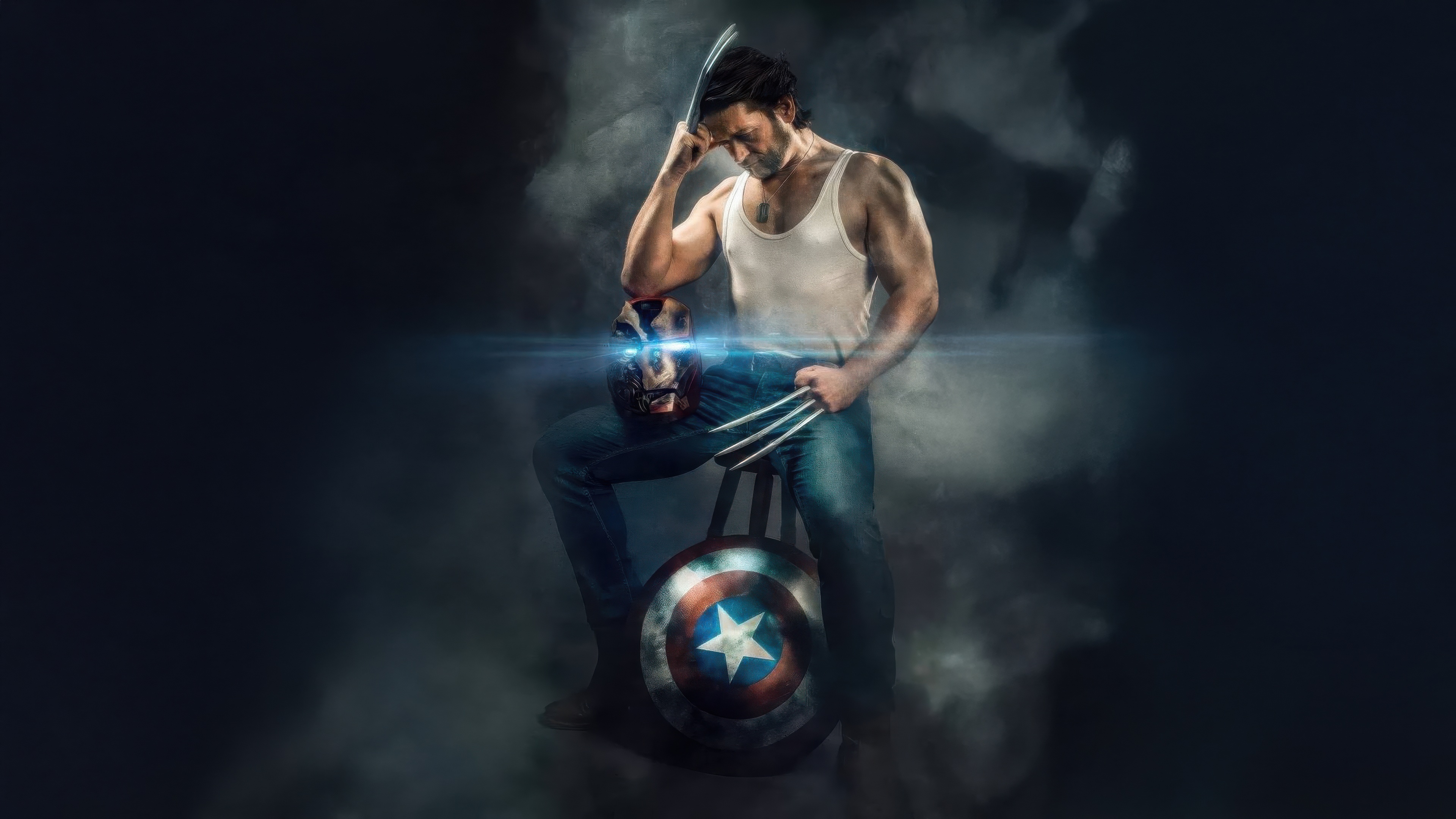 Wolverine with Iron Man mask and Captain America shield HD Wallpaper