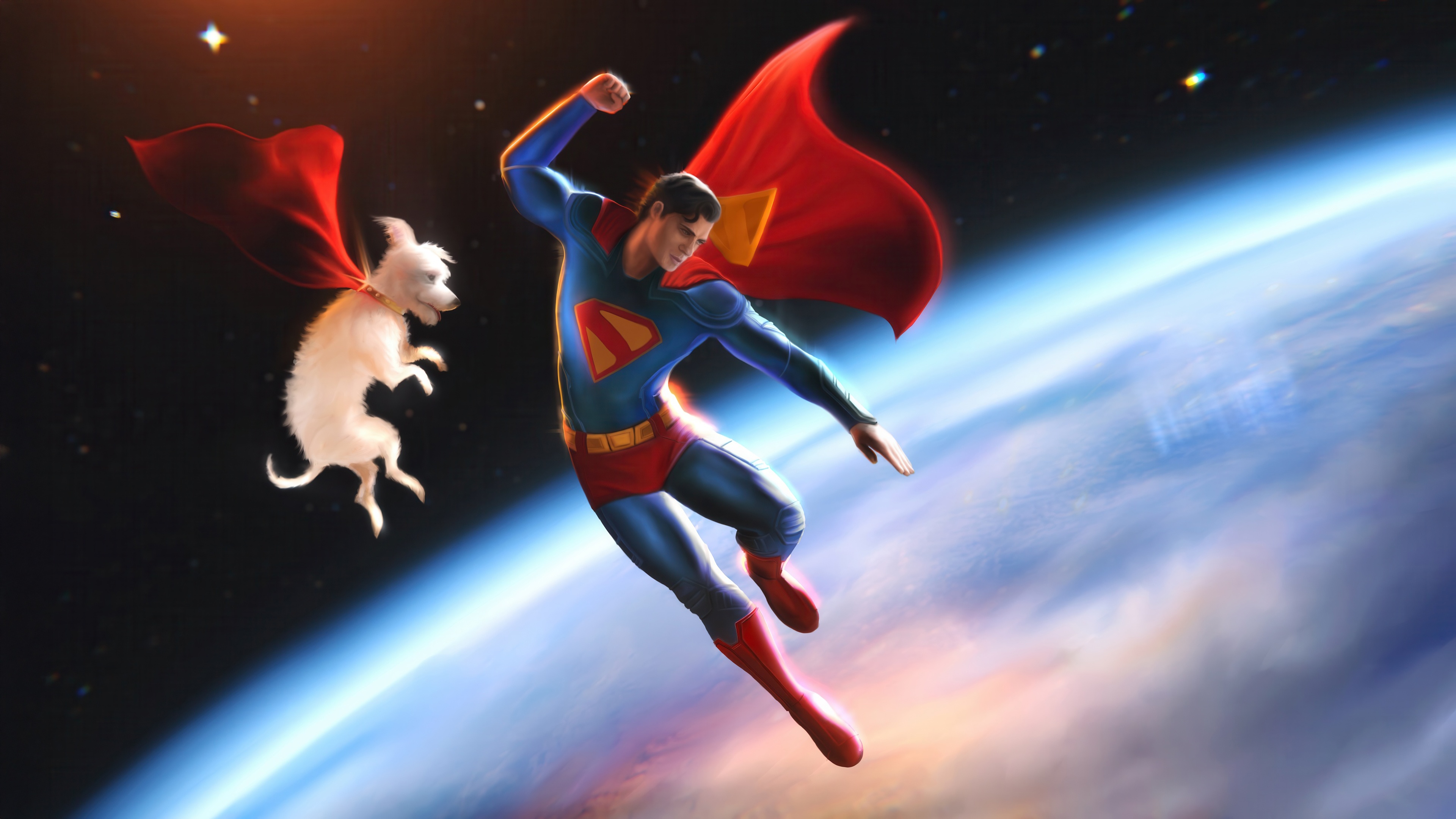 Superman and Krypto the Superdog flying in space HD Wallpaper