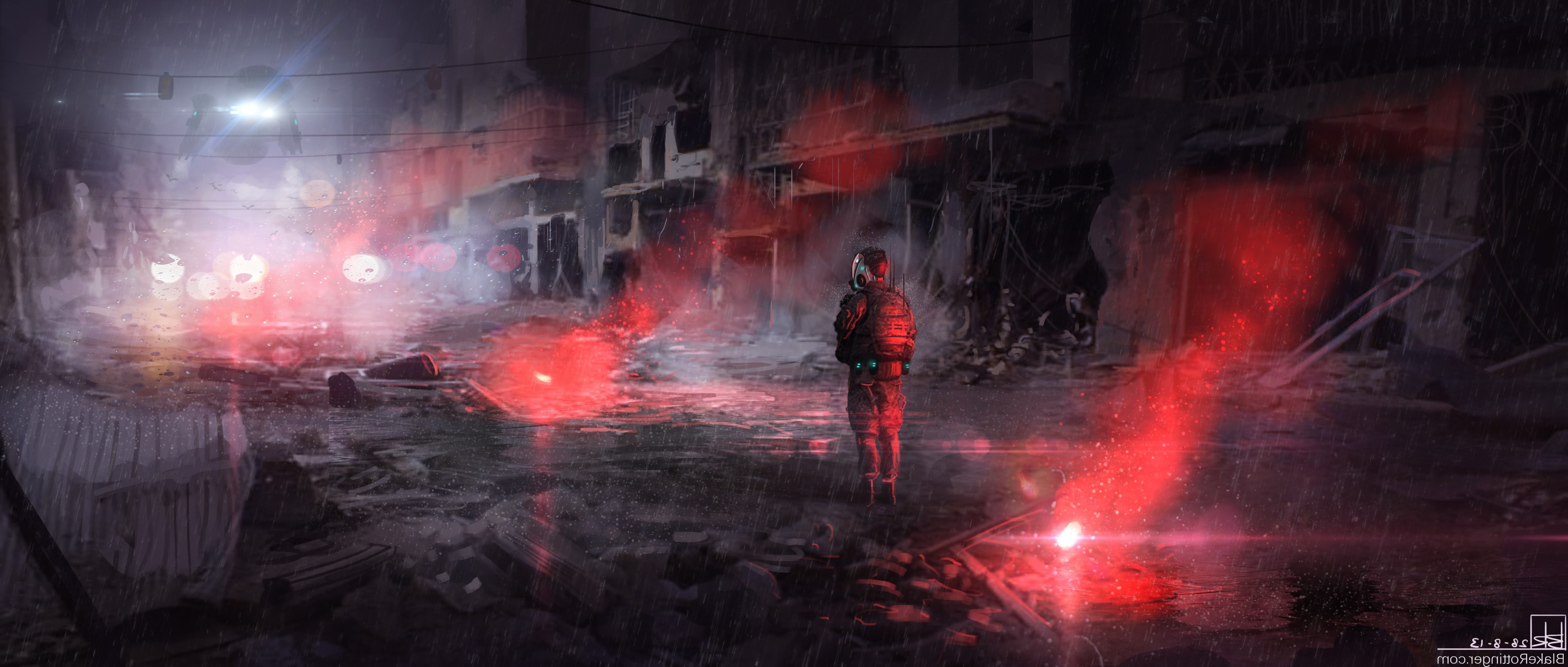 Soldier in apocalyptic city during rain HD Wallpaper