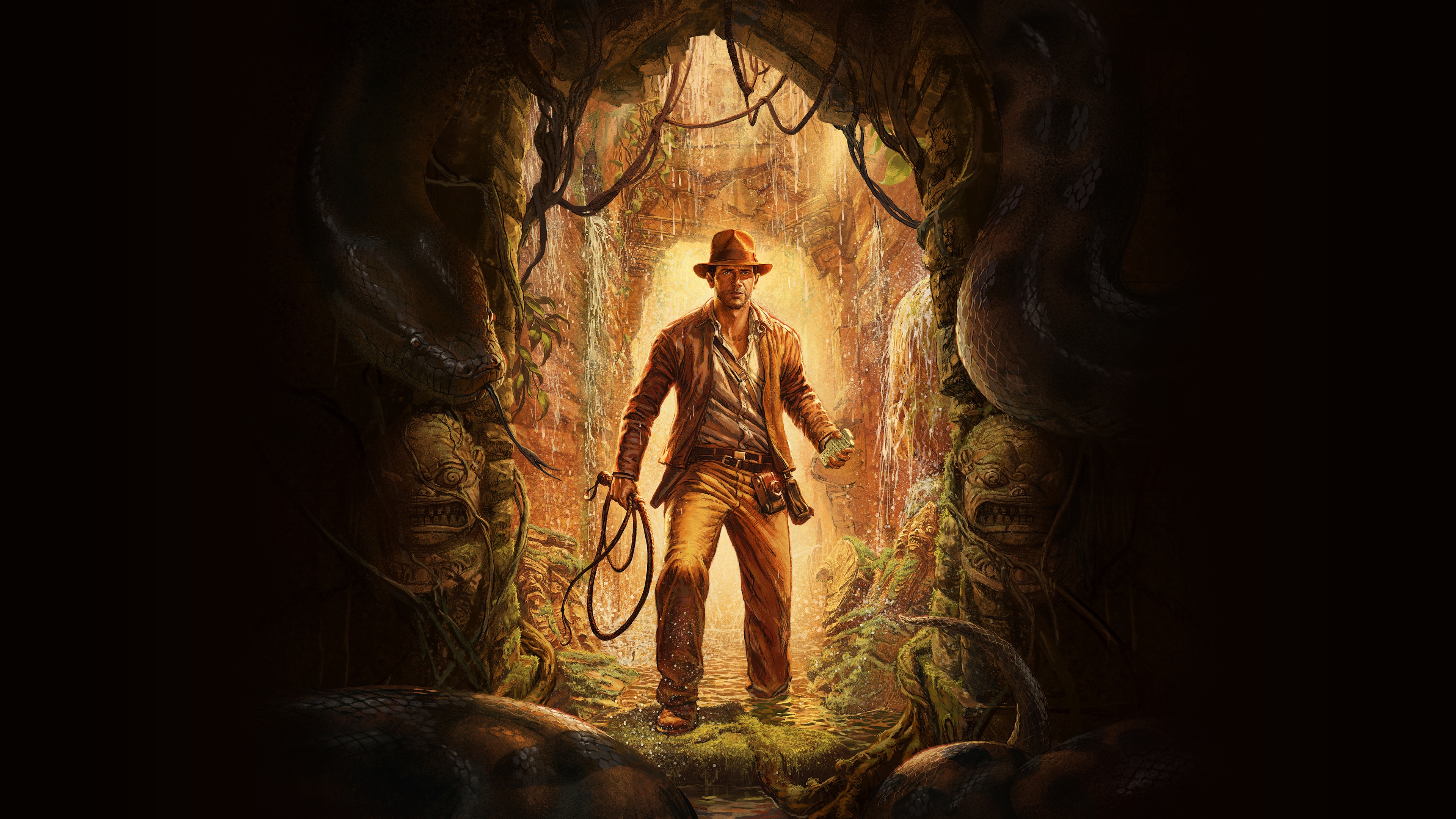 Indiana Jones in a jungle cave with snakes HD Wallpaper