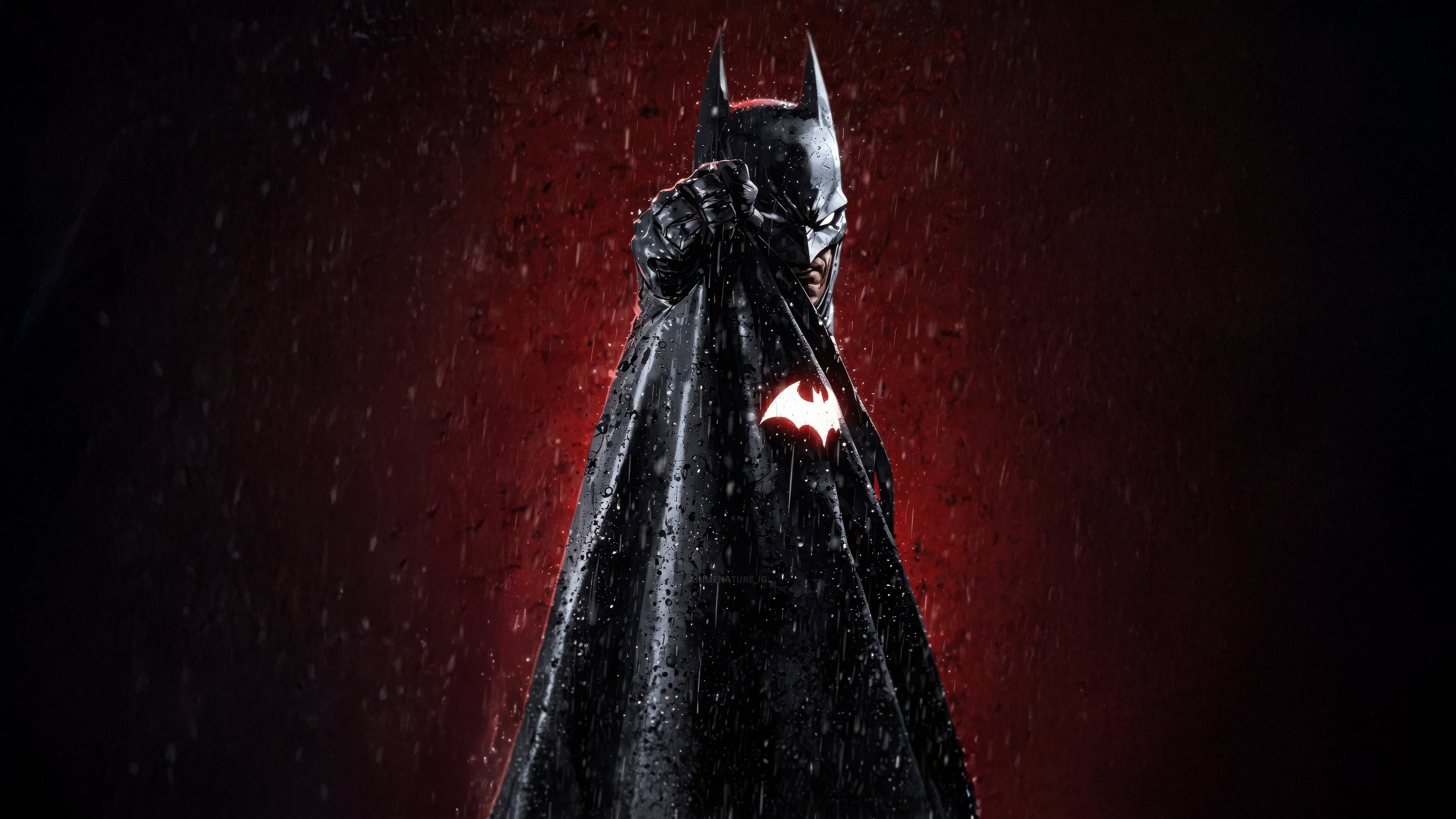 Batman in a wet black cape with a glowing bat symbol HD Wallpaper